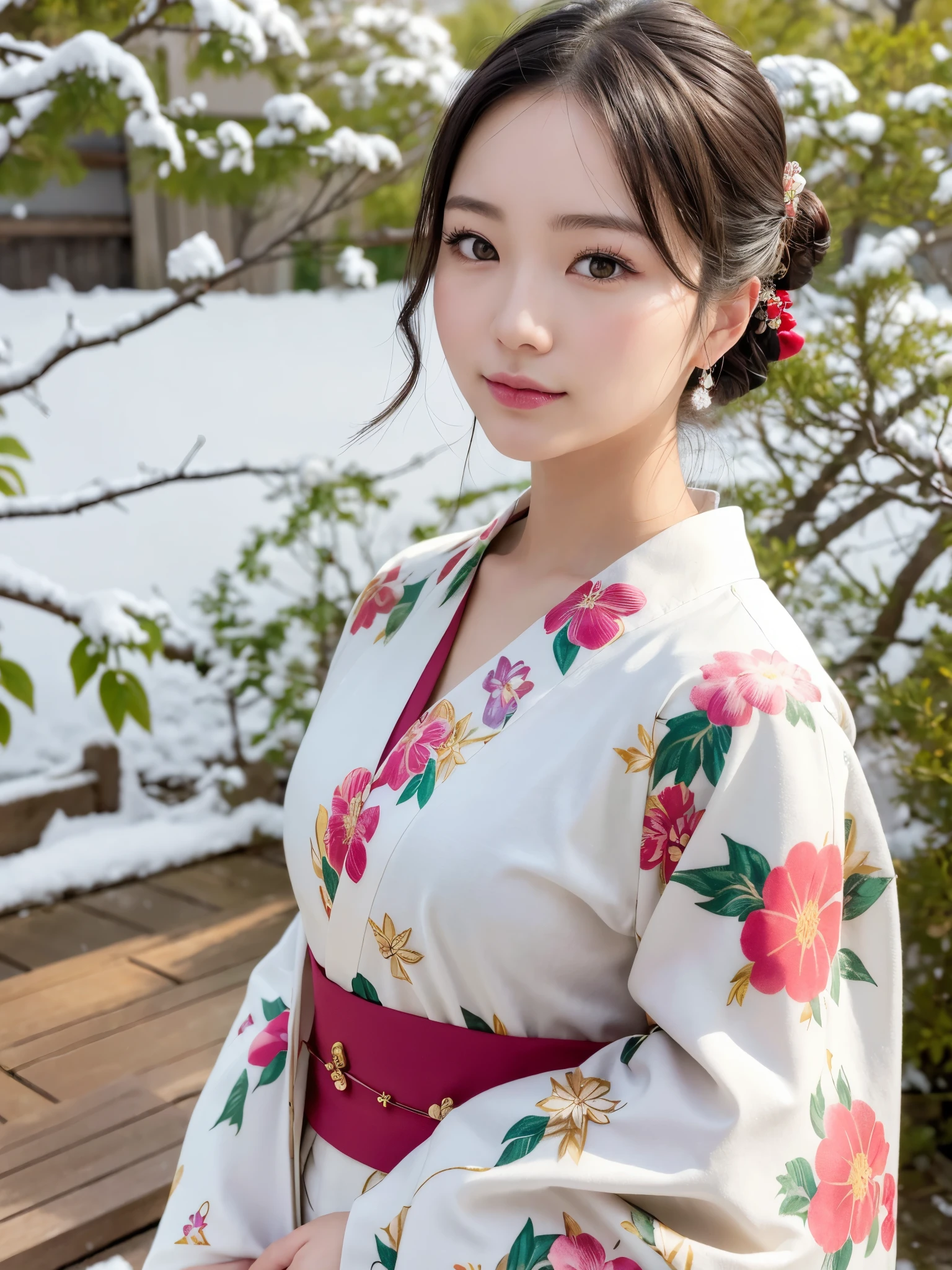 (floral printed mini Kimono, Obi: 1.2), ((of the highest quality, 8K, masutepiece: 1.3, Raw photo)), Sharp Focus: 1.2, (1 AESPA Girl :1.1), SOLO, (Realistic, Photorealistic: 1.37), (Face Focus: 1.1), Cute face, hyperdetailed face, (updo: 1.2), (Falling snow:1.2), (Hair swaying in the wind:1), (Light reflecting snow:1.3), Japanese theme, Washi background, Filming in the Japan Garden, Beautiful Japanese makeup, A beautiful woman that symbolizes Japan culture, (nude)
