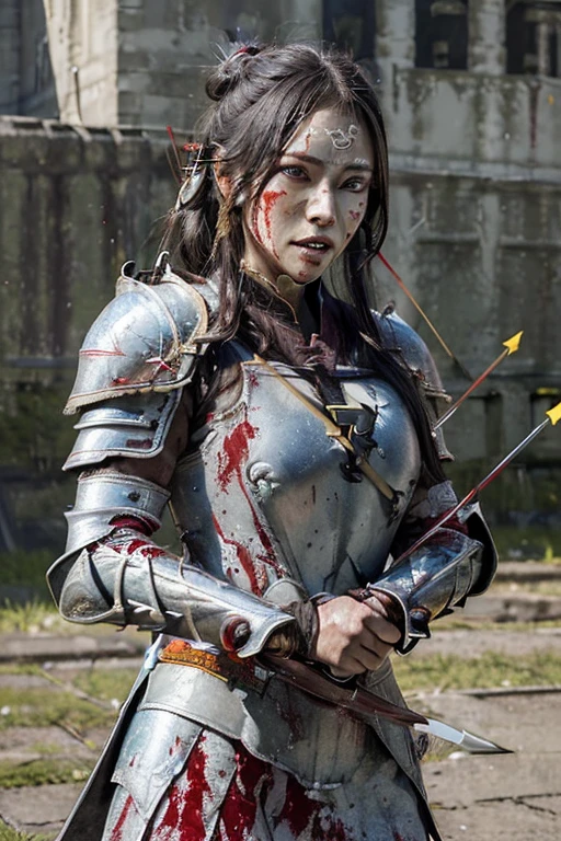extremely detailed 16K CG unity wallpaper, (raw photograph, photorealistic:1.3), (dark fantasy:1.5), professional photo, cinematic lighting, depth of field, sharp focus, highest quality, masterpiece, authentic, best resolution, (intricately detailed face, ultra-realistic skin texture:1.5), pov, grotesque, ((correct anatomy, from front view:1.3)), 1 girl, ((female warrior:1.5)), solo, (cowboy shot:1.2), looking at viewer, (beautiful girl:1.5), black hair, (SINGLE hair bun:1.4), fairly detailed skin, dark eyes, tears, oil, sweat, wet skin, realistic and bright eyes, beautiful nose and lips, expressionless, ((injured, arrows have hit her body, the arrows have pierced her armor:1.5)), ((iron armor:1.4)), (slender, beautiful breast:1.5), ((holding 1 sword in right hand:1.5)), (((bloodstains, gore, bleeding:1.3))), (((outdoor, a fortress where under attack of enemy:1.5)))