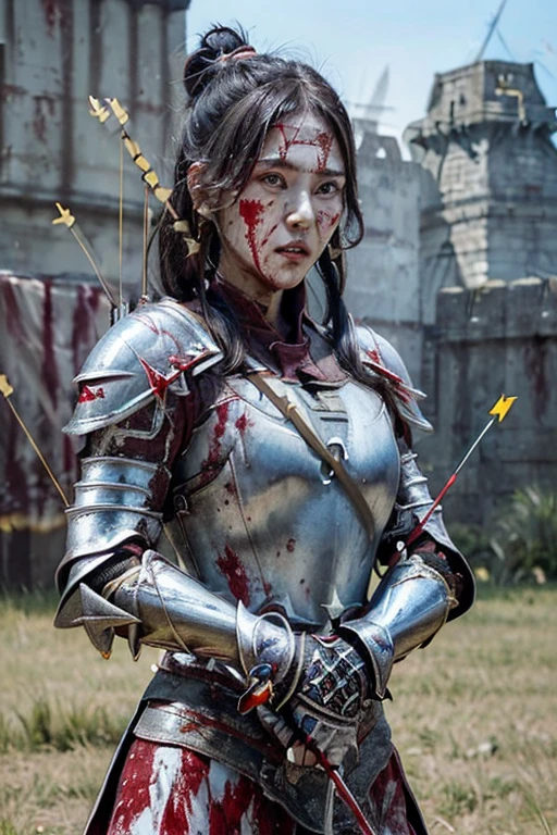 extremely detailed 16K CG unity wallpaper, (raw photograph, photorealistic:1.3), (dark fantasy:1.5), professional photo, cinematic lighting, depth of field, sharp focus, highest quality, masterpiece, authentic, best resolution, (intricately detailed face, ultra-realistic skin texture:1.5), pov, grotesque, ((correct anatomy, from front view:1.3)), 1 girl, ((female warrior:1.5)), solo, (cowboy shot:1.2), looking at viewer, (beautiful girl:1.5), black hair, (SINGLE hair bun:1.4), fairly detailed skin, dark eyes, tears, oil, sweat, wet skin, realistic and bright eyes, beautiful nose and lips, expressionless, ((injured, arrows have hit her body, the arrows have pierced her armor:1.5)), ((iron armor:1.4)), (slender, beautiful breast:1.5), ((holding 1 sword in right hand:1.5)), (((bloodstains, gore, bleeding:1.3))), (((outdoor, a fortress where under attack of enemy:1.5)))