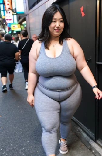 GoPro camera, Japanese super obese woman, 48yo, Super burst breasts, Her butt is about 4 times bigger than a normal woman's., gray Tank top, black leggings, weight:500lbs, ssbbw, Walking through the downtown area of Shinjuku, Weight 300kg, super obese, super fat, gigantic ass