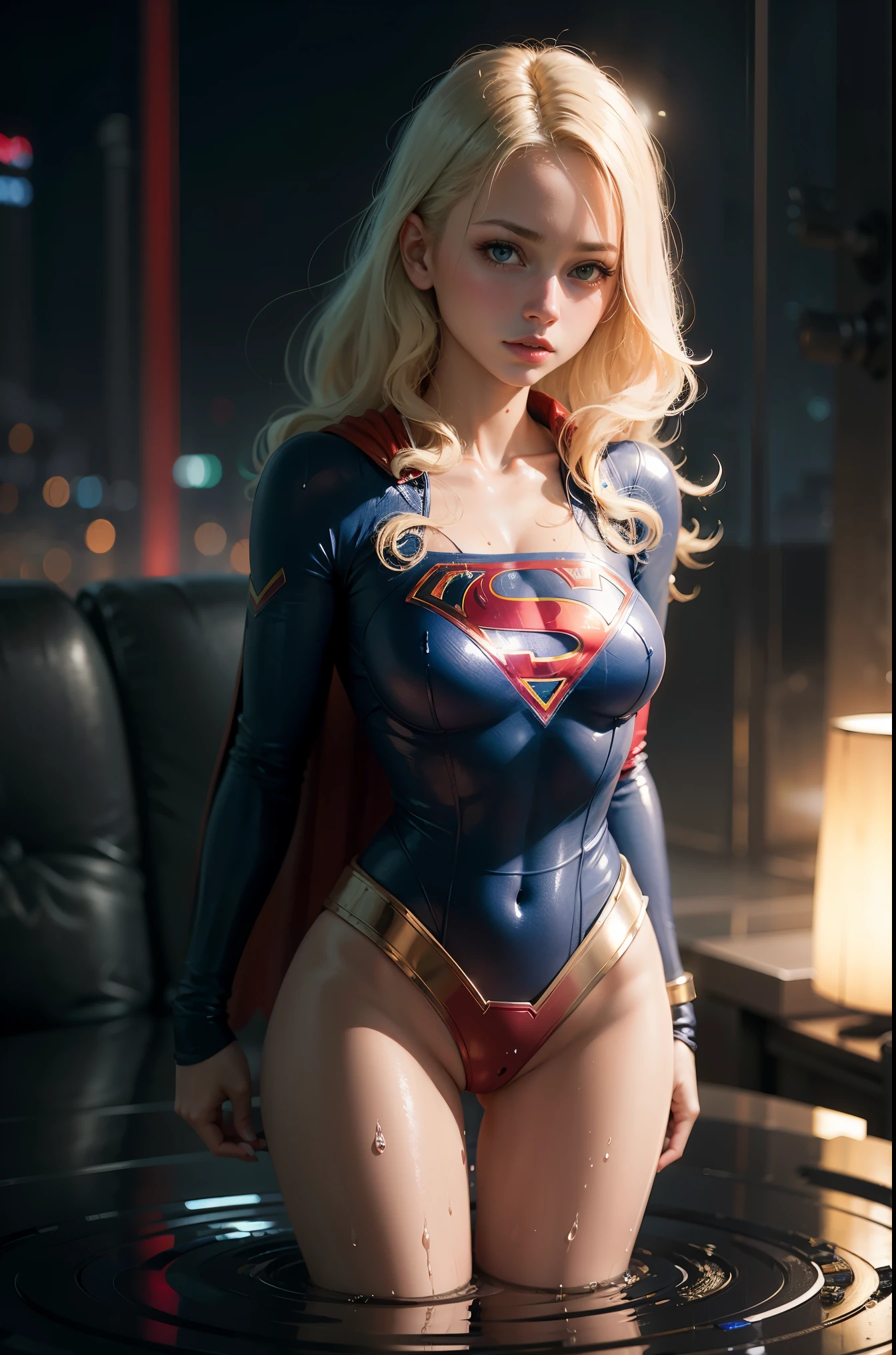 Nonsense,best quality, 1girl, supergirl, rain, masterpiece, super detailed, nsfw, transparent vinyl glued to skin, wet drops on body, full body view, planet under invasion,