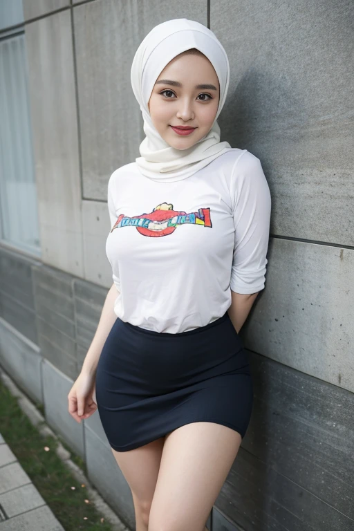 8k, High-res, masterpiece, best quality, best detailing,woman, solo, 35 years old, beautiful woman using hijab, hijab, sexy dance, busted boobs, bigbutt, loveable, smile, cute face, fullbody, fullbody shot, cowboy shot, perfectbody, little soaked, high resolution photo, detailed, cute face, voluptuous,using disney shirt and tight skirt, standing model pose, using closed skirt, cute beautiful woman, seductive face