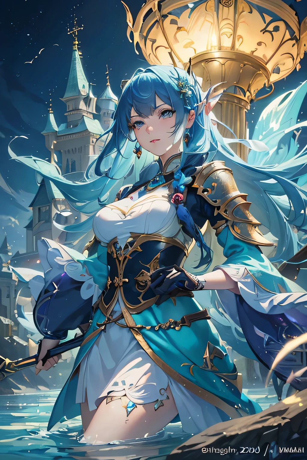 (Best quality at best,4K,8K,A high resolution,tmasterpiece:1.2),ultra - detailed,(actual,photoactual,photo-actual:1.37),sportrait,(painting of a,illustratio:1.2),(Japanese cartoon,Japanese cartoon-style:1.1),(fanciful,fanciful-style:1.1),美丽细致的眼睛,beautiful detailed lips,Extremely detailed eyes and face,Long eyelashes,a blue dress,warrioress,fanciful,With a sword,with light glowing,magical ambiance,Ethereal,《Genshin Impact》Keqing in,Genshin Impact冲击角色,fanciful character,(mito,Legendary:1.1) beast knight sportrait,fanciful art,artgerm style artwork,detailed art,Kushste Krenz Critical Artistic Female Characters,ayaka Genshin Impact冲击角色,《Genshin Impact》Zhongli in Zhongli,Enchanting elven princess knight