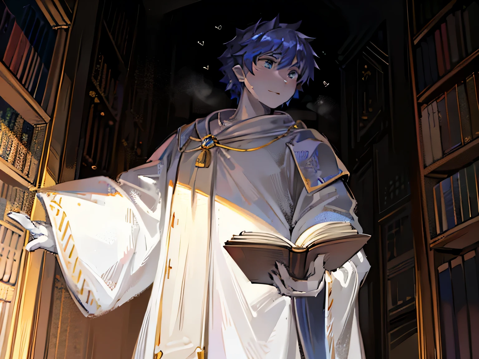 human character, male people,Wearing pure white robe,Mage image,Full of mystery,is a powerful mage,majestic ruler,Holding a magic book