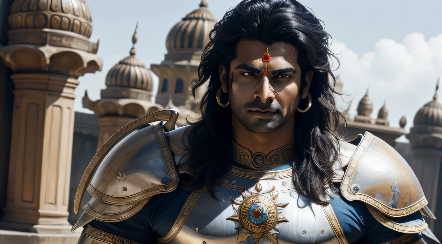 (absurdres, highres, ultra detailed, realistic, ), mahabharat character Karan wearing battle armor and ear coil