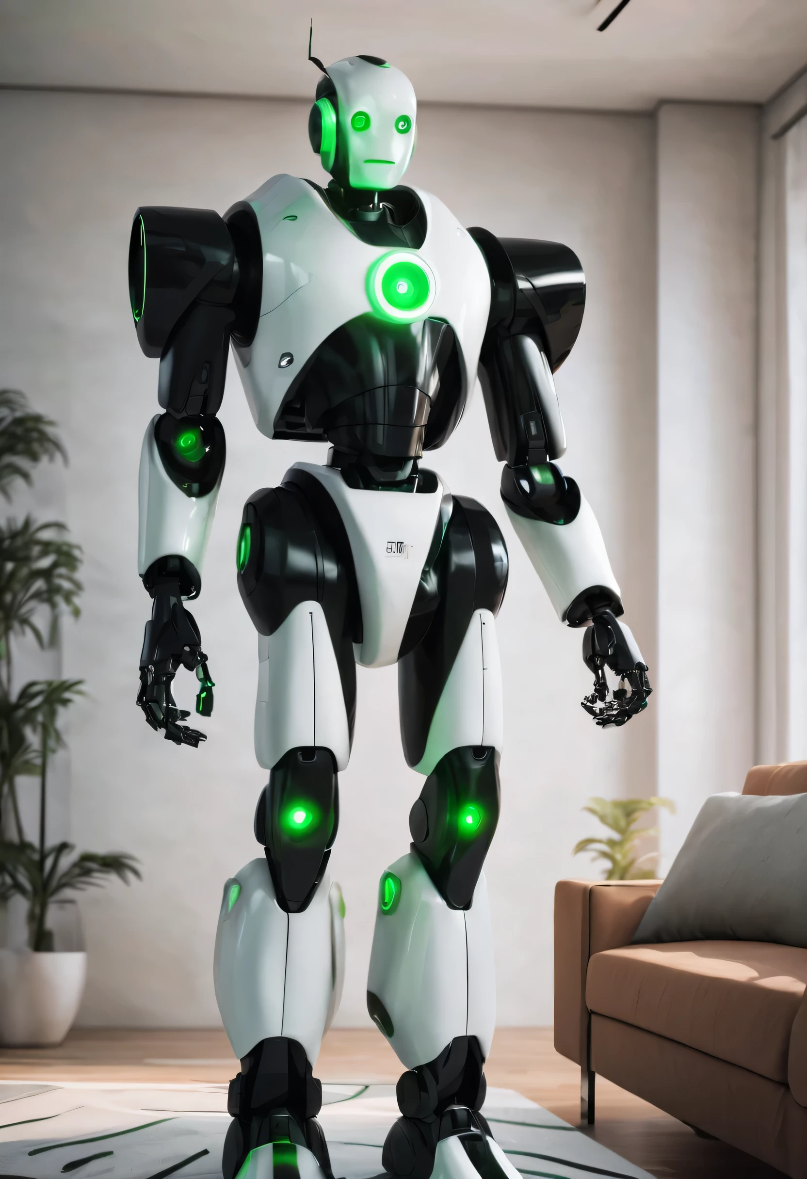 A sleek sexy humanoid robot with a black and white 'butler' stylization, it has a few blinking lights on its chest and its eyes emit green neon light. It is in a modern living room