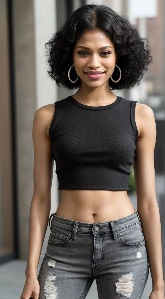 smiling woman with very short black curly hair and earrings, curly black hair in a afro, wearing a black top with grey ripped jeans and black leather boots, mixed-race woman, indian, latina, brown skin, 30 years old, short, petite physique, diminutive, cute features, spunky expressions, standing in front of a building, zendaya-freida pinto-samantha logan-rosario dawson-dominique tipper-madeleine mantock-elodie yung-amita suman-nicole gale anderson-jaylen barron-kylie jenner-nicole scherzinger merged, entire body visible, full body, hyperrealistic, best quality, 8K, real human skin, masterpiece, extremely intricate, medium closeup, detailed eyes, detailed face, detailed body, exaggerated features, pronounced features