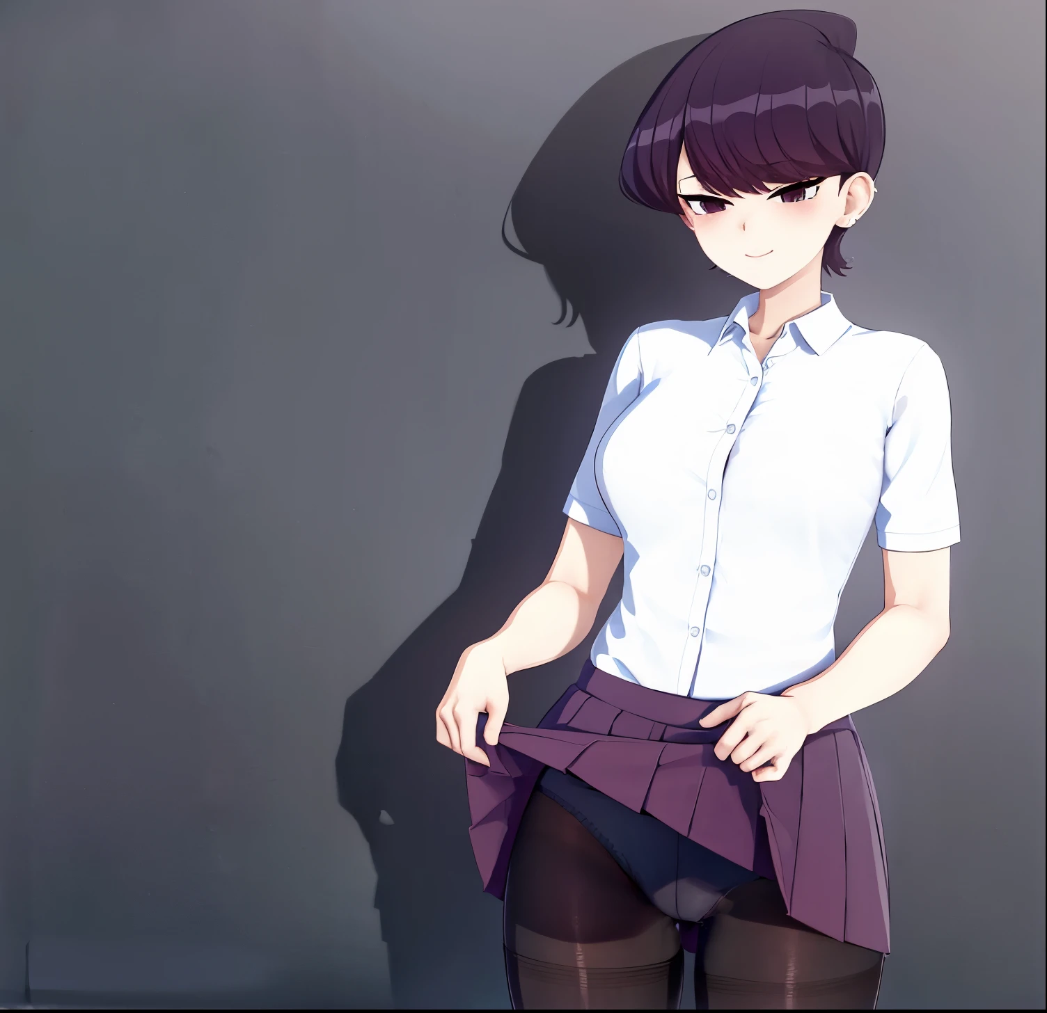 komi shuuko, jewelry, short sleeves, skirt, collared shirt, black panties, smile, red skirt, solo, black pantyhose, clothes pull, panties, large breasts, school uniform, skirt lift, underwear, white shirt, closed mouth, pantyhose, button gap, pantyhose pull, blush, looking at viewer, earrings, clothes lift, lifted by self, 1girl, mature female, shirt
