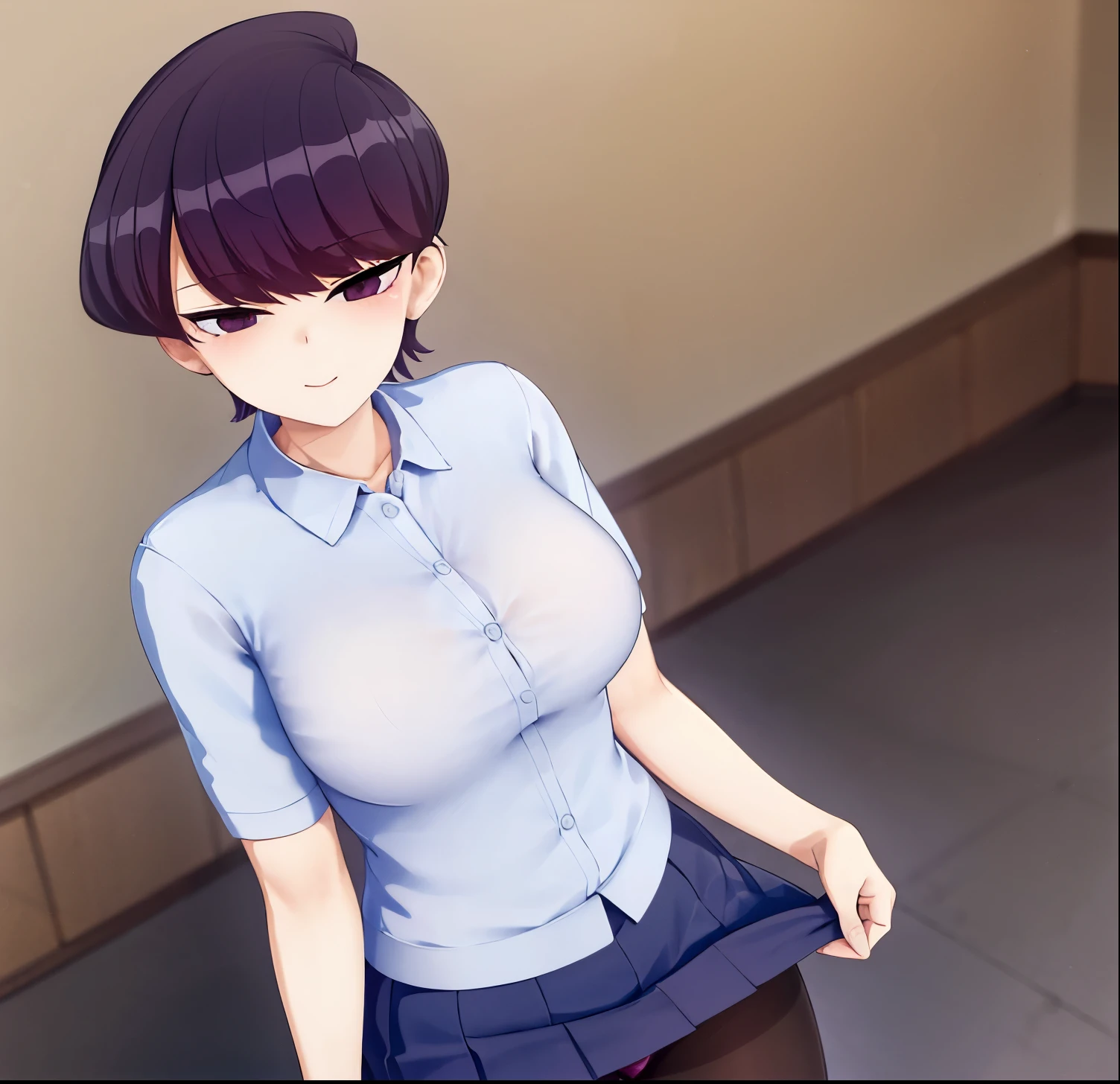 komi shuuko, jewelry, short sleeves, skirt, collared shirt, black panties, smile, red skirt, solo, black pantyhose, clothes pull, panties, large breasts, school uniform, skirt lift, underwear, white shirt, closed mouth, pantyhose, button gap, pantyhose pull, blush, looking at viewer, earrings, clothes lift, lifted by self, 1girl, mature female, shirt