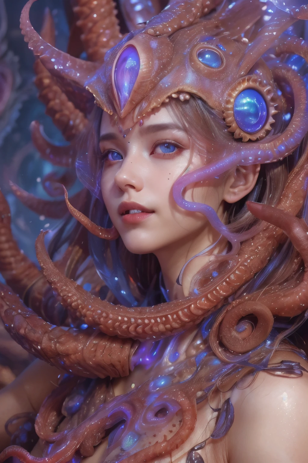 Portrait, (1 beautiful female alien:1.2),  (There is a female genital-like organ in the middle of the forehead:1.8), (The most beautiful face in the history of the universe:1.2), (Scarlet eyes that shine mysteriously:1.6), (Translucent skin:1.8), an evil gaze that seduces, (red eyes:1.5), (large mouth:1.1), sharp teeth like a shark, Full body like, (bio luminescent:1.2), (Smile wickedly:1.3),  (sexypose:1.5), alien, No humans, cells are fused, (Lots of translucent tentacles:1.1) (Translucent skin:1.3), extraterrestrial, cell, bio image, Best Quality, 8K,4K_quality, High Definition, Dramatic Lighting, masutepiece:1.5,cinematic quality, detail up, (Intricate details:1.2), High resolution, High Definition, drawing faithfully, (Thick eyebrows:1.2), Beautiful eyes with fine symmetry, (Ultra detailed eyes:1.2),(Highly detailed face and eyes:1.2), (High-resolution red-eye:1.4), Intimate face, (Super detailed skin quality feeling:1.4), Perfect Anatomy,  (Beautiful toned body:1.5),  (Moist skin:1.2), No makeup, (dark circles:1.1), long canines, cinematic drawing of characters, ultra high quality model, cinematic quality, detail up, (Intricate details:1.2), High resolution, High Definition, drawing faithfully, Official art, Unity 8K wall  , 8K Portrait, Best Quality, Very High resolution, ultra detailed artistic photography, midnight aura,  unreal enginee 5, Ultra Sharp Focus, art by alberto seveso, ArtGerm, Roisch, intricate artwork, best quality, masutepiece, ultra High resolution, (photos realistic:1.4), Ultra-realistic realism, dream-like,  nautilus, Creation of fantasy, Snail, Dream Snail,  (biopunk nautilus:1.3), Thrilling color schemes， Ultra-realistic realism， seductively smiling, Blue tentacles