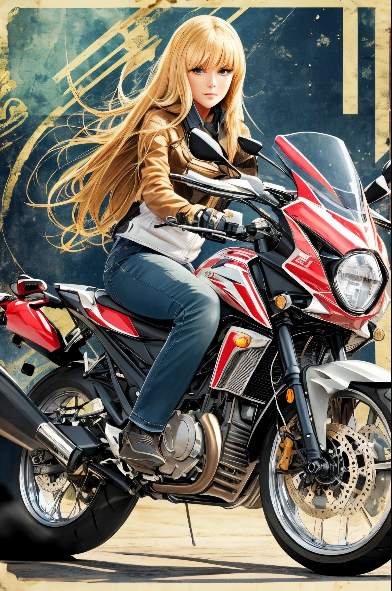 Blonde girl, blue eyes, very attractive, 30 years, appearing like a real person, on the motorcycle, full-body view. --auto --s2
