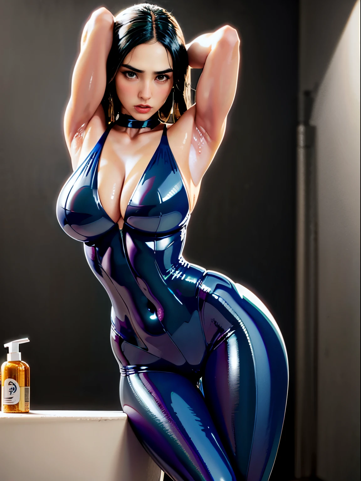 Photo of Gal Gadot, primitive, Beautiful woman with hair in a bun, (toilet), (in abandoned house), (Show shaving armpits), ((Darkness: Dimly lit)), Dark blue latex tracksuit, Huge cleavage, Bigboobull bodyesbian:1), Sexy figure, (Bigboobs:1), (Big ass:1), (Masterpiece) (perfectly proportions)(Realistic photo)(Best quality) (Detailed) (8K) (hdr) (the wallpaper) (Cinematic lighting) (Sharp focus) (Intricate)