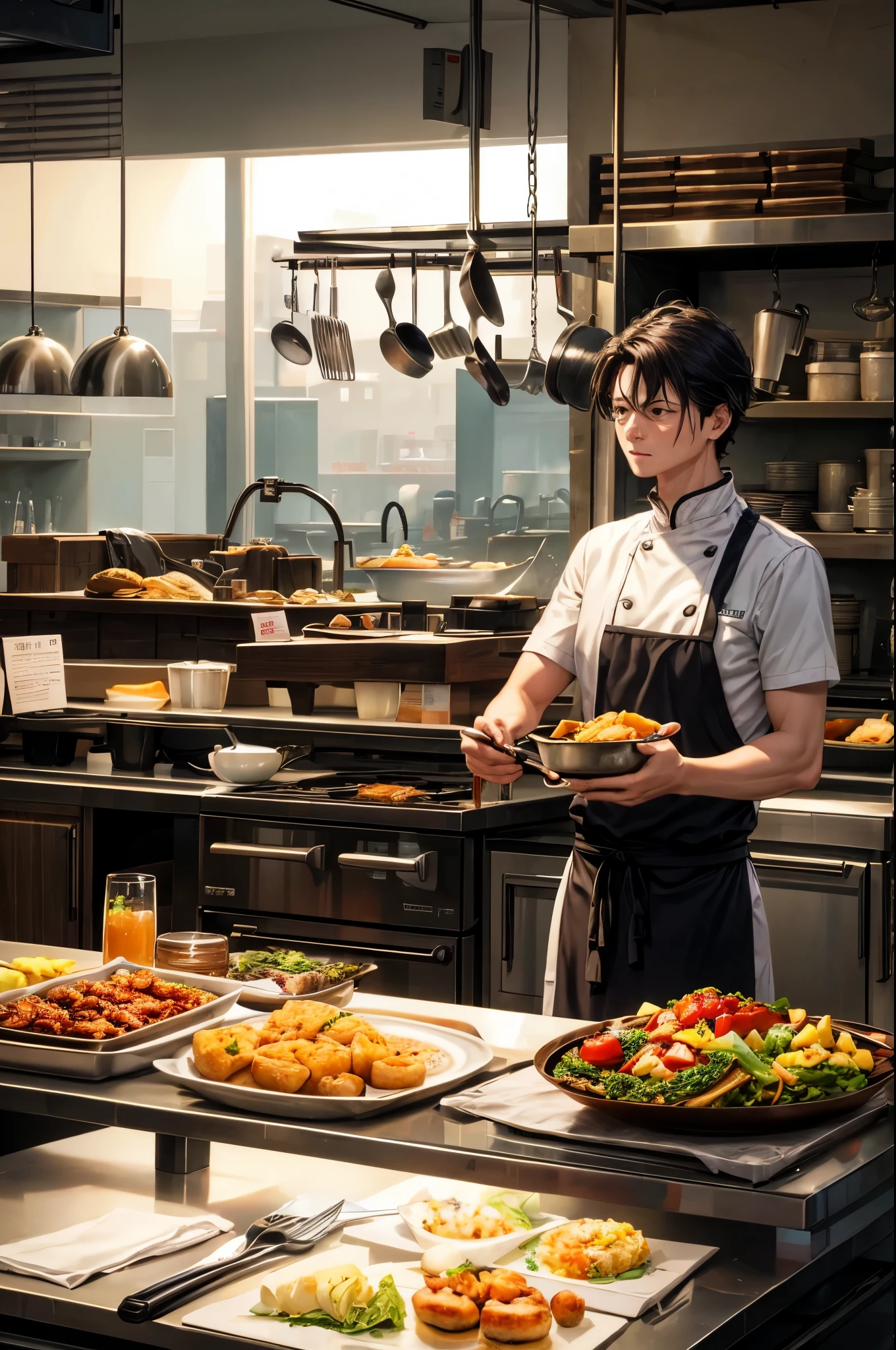 Restaurant kitchen，A chef is busy，Various pots and pans were spinning around him,sudden，Ring，The chef is busy manipulating the ingredients，Pick it up with one hand。
