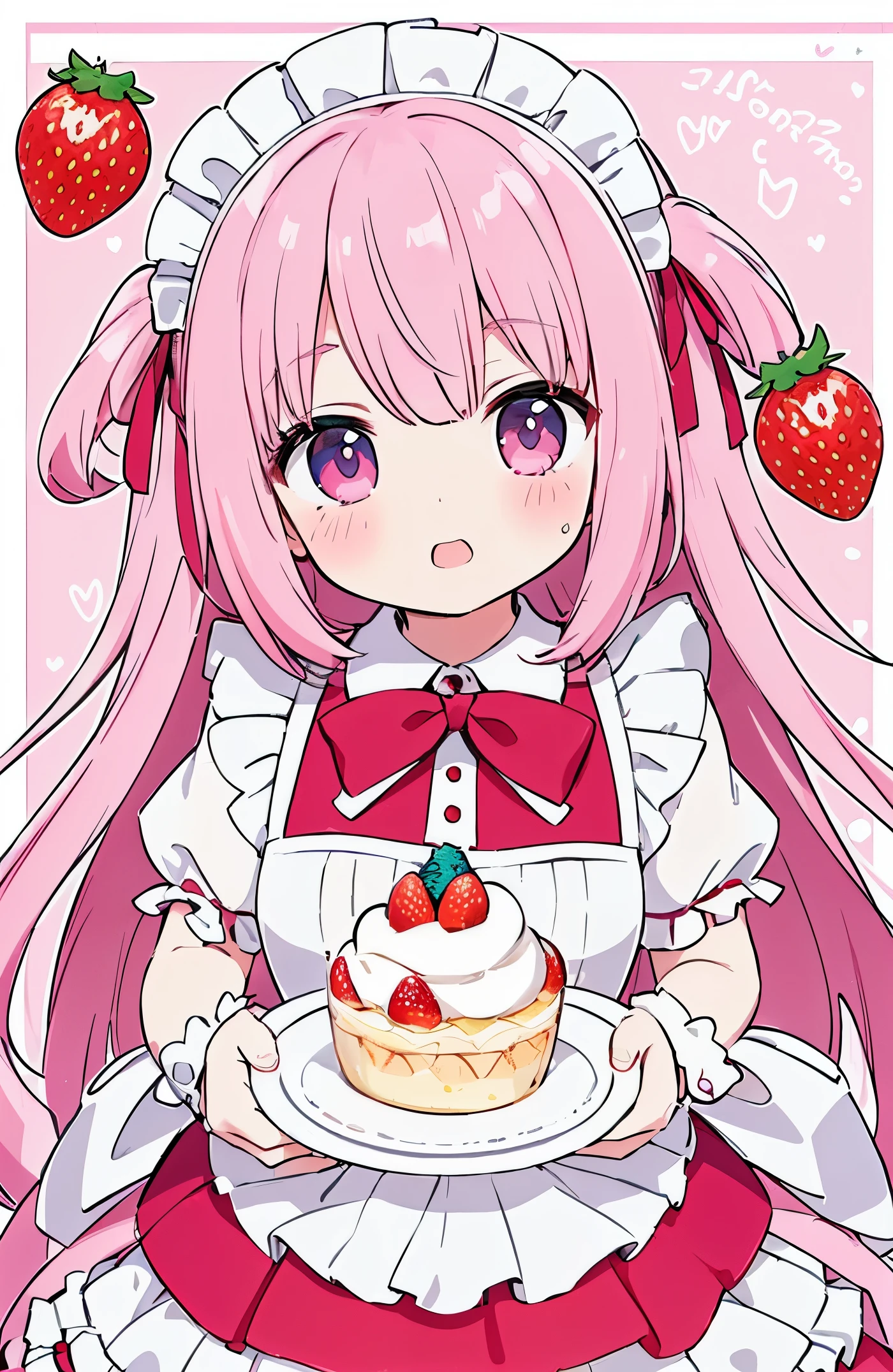 (​masterpiece、top-quality、top-quality、Beautifully Aesthetic:1.2)、drooping eyes、Pink tone、Wavy Hair、1girl in、Bibi-chan、(digital anime art:1.ink eyes、Pink hair、イチゴ🍓の髪飾り、A cute pink maid outfit reminiscent of a strawberry parfait、Pink Taste