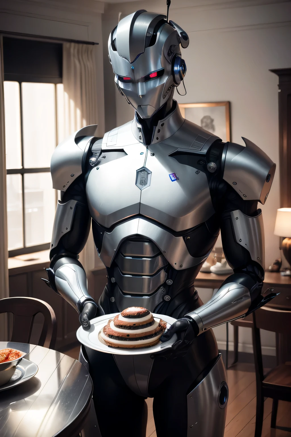 metals机器人管家，Robot butler carrying plates，metals，textur，Reflective，humanoid robots，in a room with a table and chairs, service robots, Robot bartender, friendly humanoid robots, friendly humanoid cyber robot, the most advanced humanoid robots, Security robots，tmasterpiece，k hd