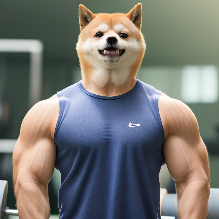 Solo,a professional photo of [(((buff Swoledoge))):buff Swoledoge:8], grinning, dog body,using dumbbell,cinematic dramatic light, smooth transition, bokeh,simple background,looking at viewer,Tank tops