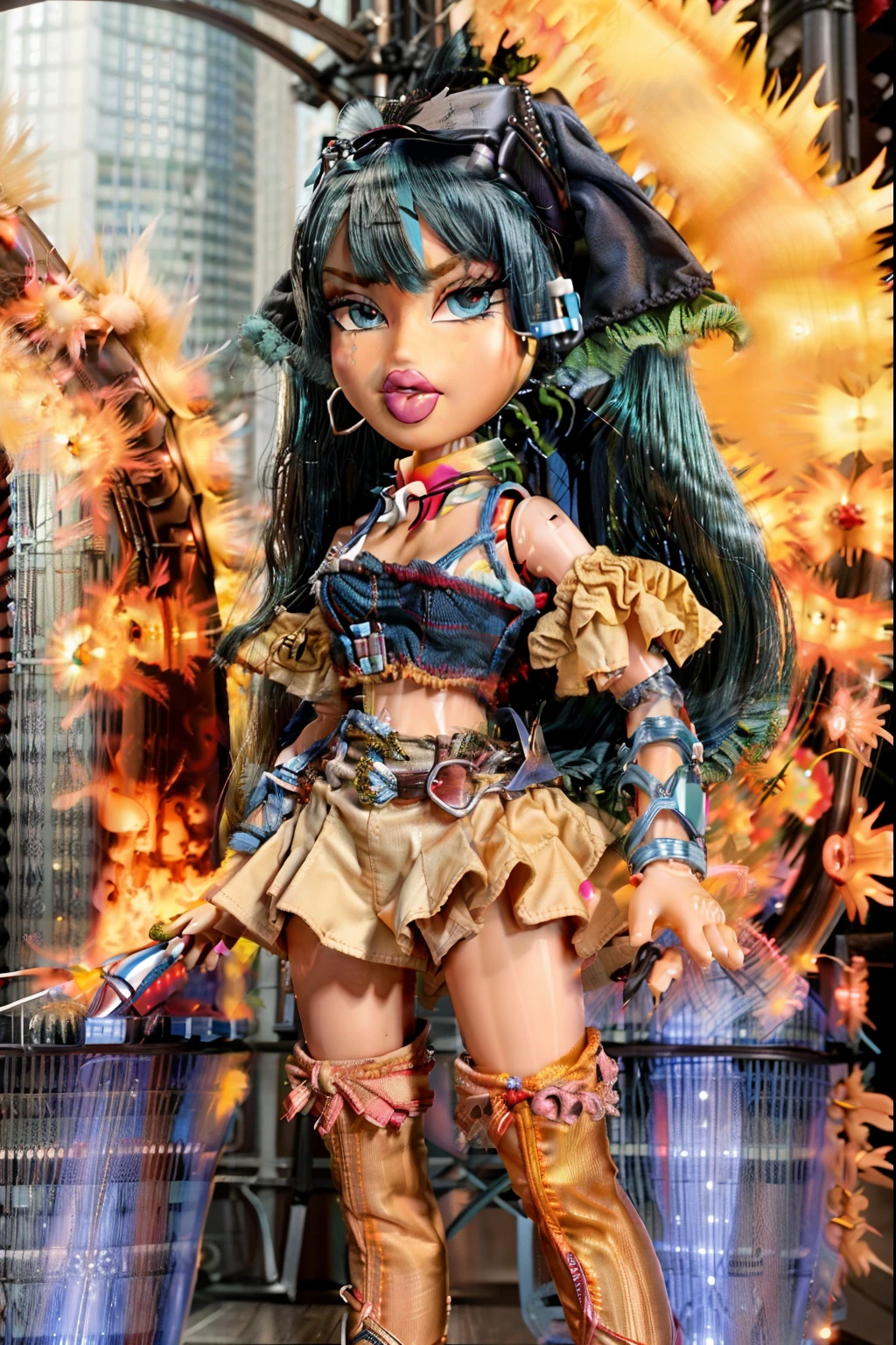 Bratz girl with detailed eyes and big lips and brown curly rococo hair, wearing plaid skirt and tied white shirt, full body , plastic skin , doll joints , ,(masterpiece, top quality, best quality, beautiful and aesthetic:1.2), doll, revealing clothes, big head, 1girl, solo, breasts, curvy, wide hips, narrow waist, joints, doll joints, cleavage, bursting breasts, huge breasts, lips, haniyasushin keiki, 1girl,head scarf, blue hair,long hair,red eyes,jewelry,magatama necklace,long puffy sleeves, arm ribbon,single strap, yellow dress,green apron, pocket, midriff, full body, high heels, thighhighs, long legs, gyaru