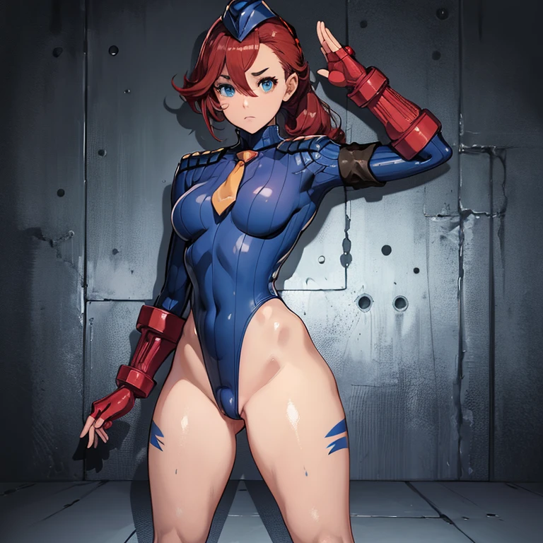 ultra-detailed, Explicit, Beautiful body, Beautiful Nose, Beautiful character design, perfect eyes, perfect face, ultra highres, 4K, beautiful legs, perfect legs, Nice hands, Perfect hand, Masterpiece, Best Quality, Highly detailed, illustration, absurdres, street fighter, doll suit, shadaloo doll, dollsuit, expressionless, blank eyes, looking at viewer, red gloves, emotionless, black latex, corrution, mind control, female combatant, full body, hypnotized, unhappy trance, full body suit, ribbed bodysuit, both arms at side, obey, perfect female body, extremely glossy latex, hypnosis, hypnoLora, empty eyes, Mind control device, poses, submissive_pose, Slave, hat, necktie, stand up straight, standing, standing at attention, hat, necktie, belt, latex, ribbed bodysuit, thighhighs, garter belt, Fighting Stance, extending the right arm from the shoulder into the air with a straightened hand, nazi saluting, military, military saluting, salute, thigh boots, 1girl, Suletta Mercury, Mobile Suit Gundam witch from mercury, red hair, dark skin, blue eyes, long hair, low ponytail