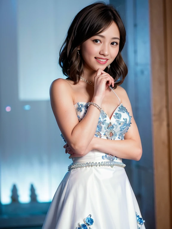 masterpiece, an extremely delicate and beautiful, extremely detailed, CG, unity , 2k wallpaper, Amazing, finely detail, light smile, extremely detailed CG unity 8k wallpaper, highres, absurdres, soft light, (((medium hair:1.3), Japanese girl, perfect style, ((smile)), light brown hair, blowing in the wind, brown eyes, luxury diamond necklace, wearing a mane with blue flowers, jewelry, diamond, blue jeweled pearl head, Transparent white dress embellished with diamonds, see through, aeolian, short facing the viewer, looking at viewer, ((in royal palace)), royal, divine, princess, goddess, godlike, dreamlike, left hand to mouth, diamond ring,