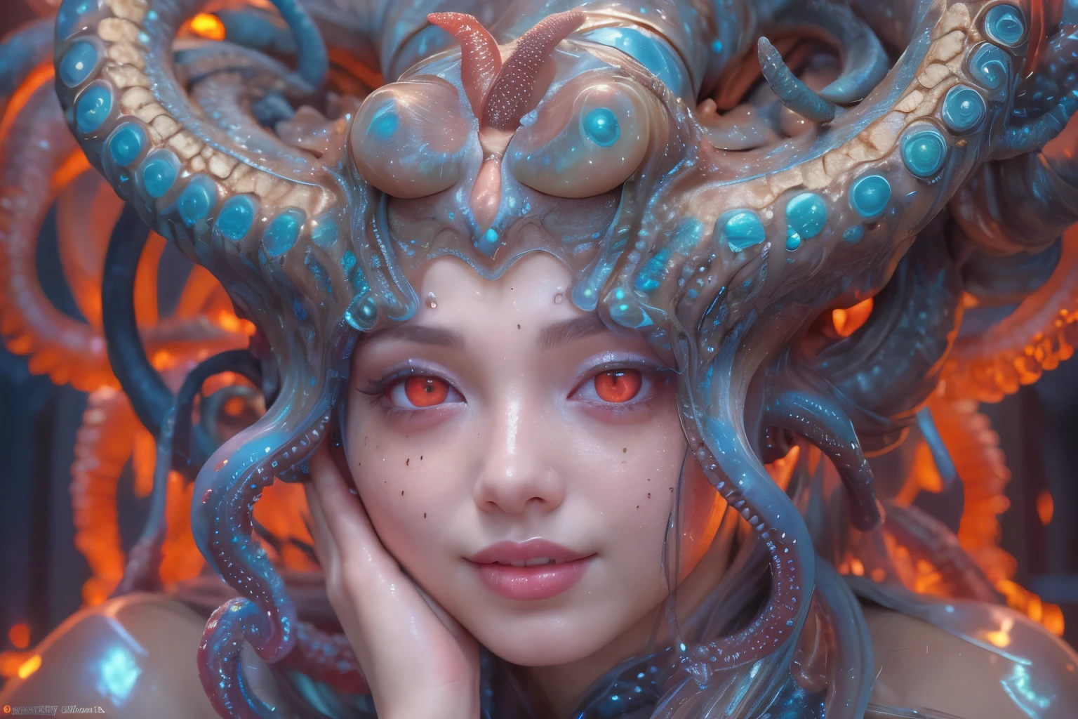 Portrait, (1 beautiful female alien:1.2), (There is a female genital-like organ in the middle of the forehead.:1.8), (The most beautiful face in the history of the universe:1.2), (Scarlet eyes that shine mysteriously:1.6), (Translucent skin:1.8), an evil gaze that seduces, (red eyes:1.5), (large mouth:1.1), sharp teeth like a shark, Full body like, (bio luminescent:1.2), (Smile wickedly:1.3), (sexypose:1.5), alien, No humans, cells are fused, (Lots of translucent tentacles:1.1) (Translucent skin:1.3), extraterrestrial, cell, bio image, Best Quality, 8K,4K_quality, High Definition, Dramatic Lighting, masutepiece:1.5,cinematic quality, detail up, (Intricate details:1.2), High resolution, High Definition, drawing faithfully, (Thick eyebrows:1.2), Beautiful eyes with fine symmetry, (Ultra detailed eyes:1.2),(Highly detailed face and eyes:1.2), (High-resolution red-eye:1.4), Intimate face, (Super detailed skin quality feeling:1.4), Perfect Anatomy, (Beautiful toned body:1.5), (Moist skin:1.2), No makeup, (dark circles:1.1), long canines, cinematic drawing of characters, ultra high quality model, cinematic quality, detail up, (Intricate details:1.2), High resolution, High Definition, drawing faithfully, Official art, Unity 8K wall , 8K Portrait, Best Quality, Very High resolution, ultra detailed artistic photography, midnight aura, unreal enginee 5, Ultra Sharp Focus, art by alberto seveso, ArtGerm, Roisch, intricate artwork, best quality, masutepiece, ultra High resolution, (photos realistic:1.4), Ultra-realistic realism, dream-like, nautilus, Creation of fantasy, Snail, Dream Snail, (biopunk nautilus:1.3), Thrilling color schemes, Ultra-realistic realism, seductively smiling, Blue tentacles