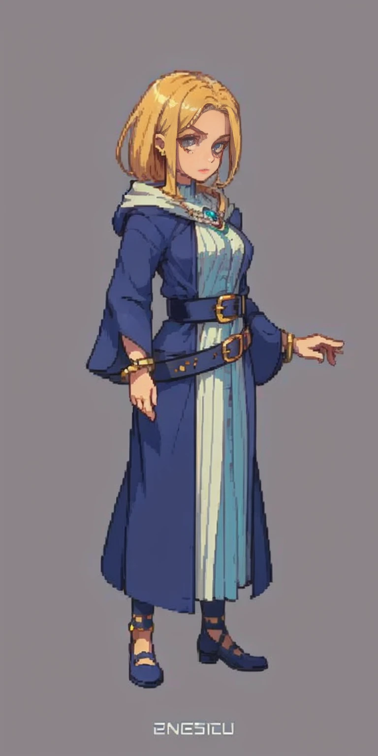 mstoconcept art, european and american cartoons, game character design, solo, 1girl, MAGICIAN, FEMALE FOCUS, GRAY BACKGROUND, WIZARD, FULL BODY, STANDING, HOOD, ROBE, MILF, JEWELRY, LONG BLONDE HAIR, BRACELET, WIDE SLEEVES, WOMAN, BELT, GEMSTONE, LONG SLEEVES, FEMALE VERSION