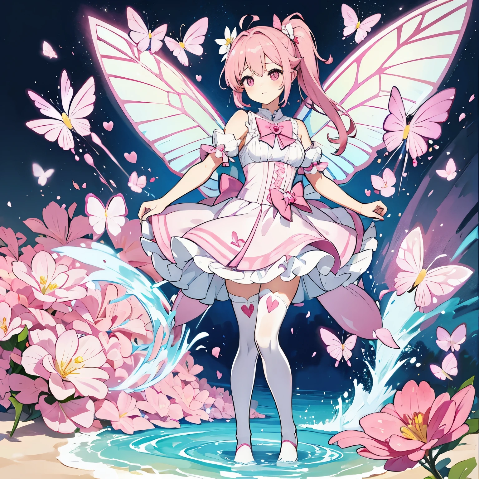 little flower fairy，Pink double ponytail，Plum hairpin，Bow knot，cute big breasts，White over-the-knee stockings，no shoe，Huge four-winged pink butterfly behind the wingairytale