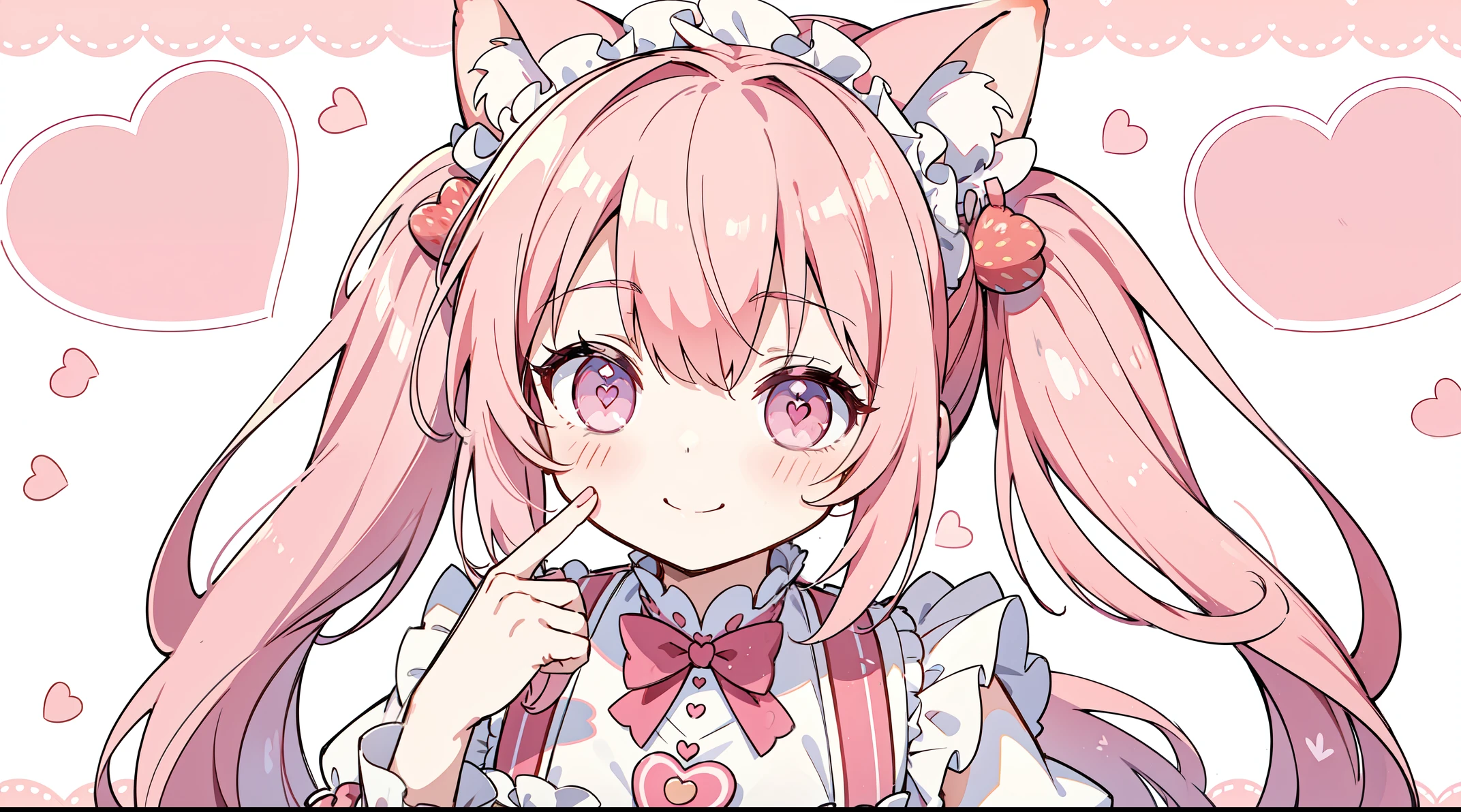 独奏, Long hair,Pink twin tails, Very long hair, Cat's ears,maid clothes, finger heart, A smile、drooping eyes、Pink tone、1girl in、(digital anime art:1.ink eyes、かわいいイチゴ🍓の帽子、A cute pink costume background reminiscent of a strawberry parfait、((heart shaped hand))