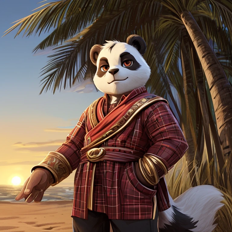 a panda，wave palm，strong，Black and wheat balls，Detailed character details
