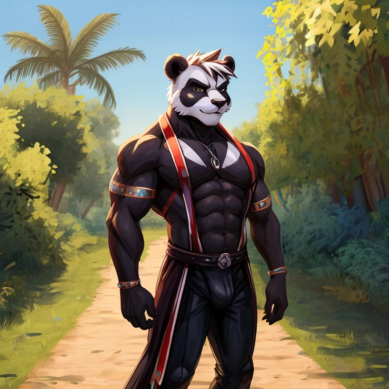 a panda,wave palm,strong,Black and wheat balls,Detailed character details,martial art