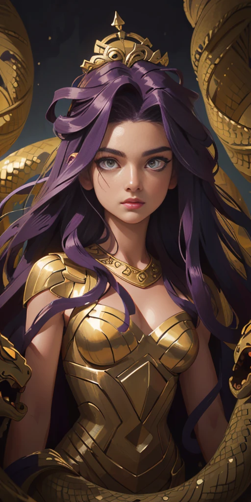 ((medusa monster from Greek mythology)), ((best quality)), ((masterpiece)), ((realistic)), full body, the hair is composed of countless small snakes, female face, metal carved top, royal aura, trend on artstation , sharp focus, studio photo, intricate detail, very detailed, detailed eye, illustration, very detailed, sharp focus, digital render, professional, 4k,((medusa monster from Greek mythology))