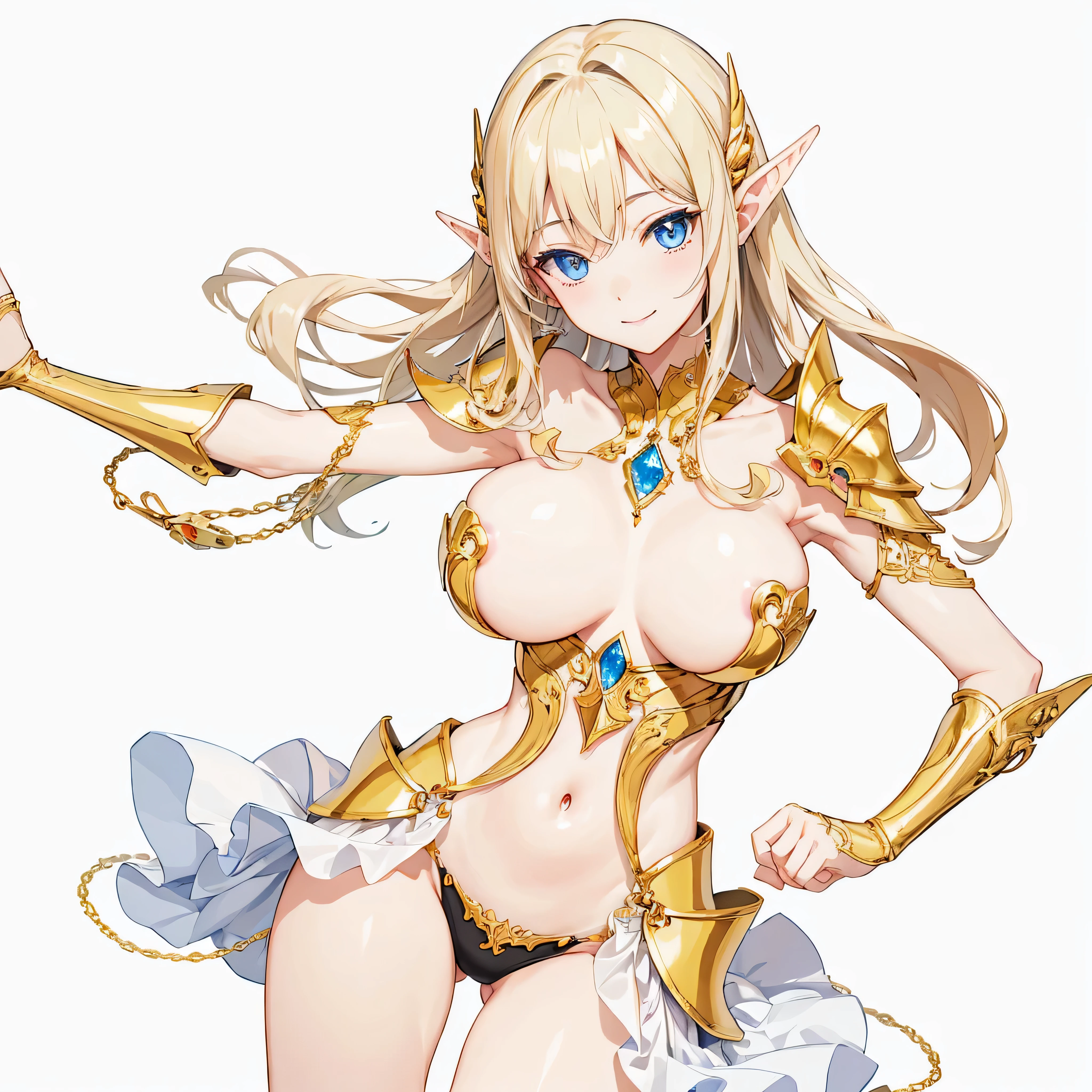 masterpiece、top-quality、ighly detailed、hight resolution、16k、fullnude、teats、Teetoob proportions、elvishの女の子、golden armour、Very thin skirt、Black pants、Very white skin、Beautiful fingers、Anime girl with very big breasts posing naked、Perfect Style、elvish、no-bra、Blonde blue-eyed、A smile、slim the contours
