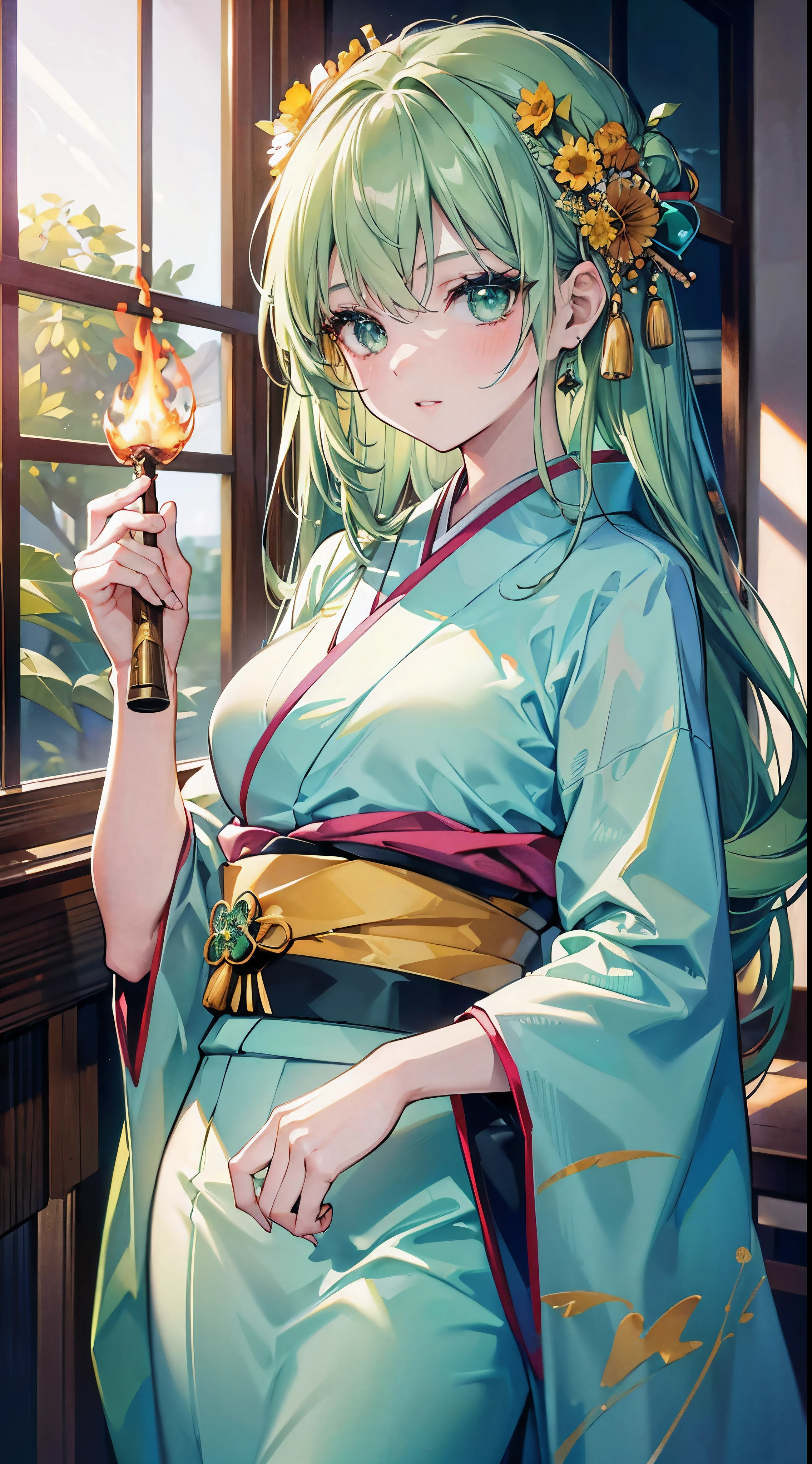 (Best quality at best,4K,8K,A high resolution,tmasterpiece:1.2),ultra - detailed,actual:1.37,sportrait,one-girl,20yr old,美丽细致的眼睛,beautiful detailed lips,Extremely detailed face, Long eyelashes,(Vibrant emerald green hair),(large sparrow:1.2),(Light green kimono),(There's some mustard around),(Holding a glowing flaming whip in his right hand)
