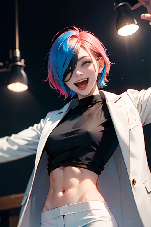 (hair over one eye:1.2), tareme, open mouth, tongue out, laughing, teeth fangs, oral invitation, slender, well toned abs, mekakure, black shirt and white suit, staring at me with a provocative smile, arm to head, multicolored hair, cyberpunk lighting, cinematic angle, Rule of thirds