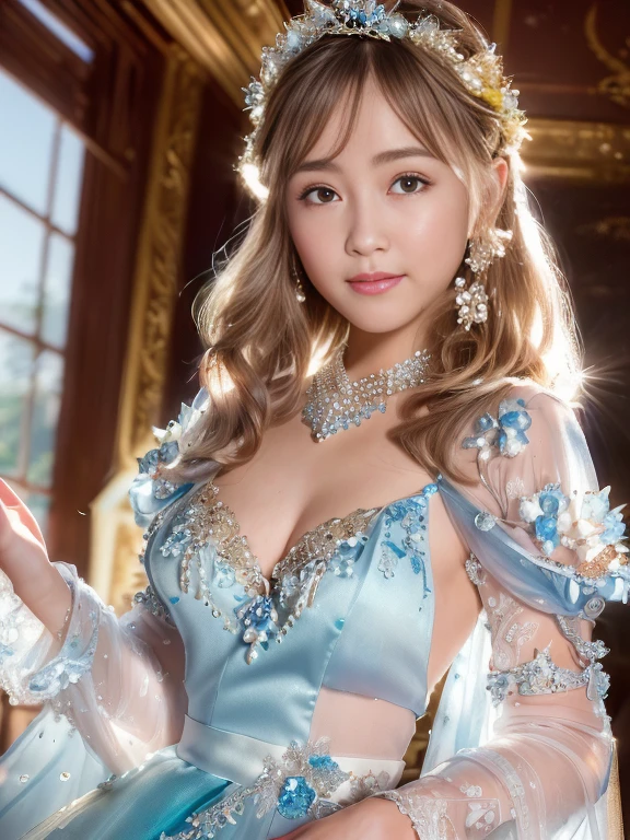 masterpiece, an extremely delicate and beautiful, extremely detailed, CG, unity , 2k wallpaper, Amazing, finely detail, light smile, extremely detailed CG unity 8k wallpaper, highres, absurdres, soft light, (((medium hair:1.3), Japanese girl, perfect style, ((smile)), light brown hair, blowing in the wind, brown eyes, luxury diamond necklace, wearing a mane with blue flowers, jewelry, diamond, blue jeweled pearl head, Sheer white dress embellished with diamonds, see-through, aeolian, short facing the viewer, looking at viewer, ((in royal palace)), royal, divine, princess, goddess, godlike, dreamlike, left hand to mouth, diamond ring,