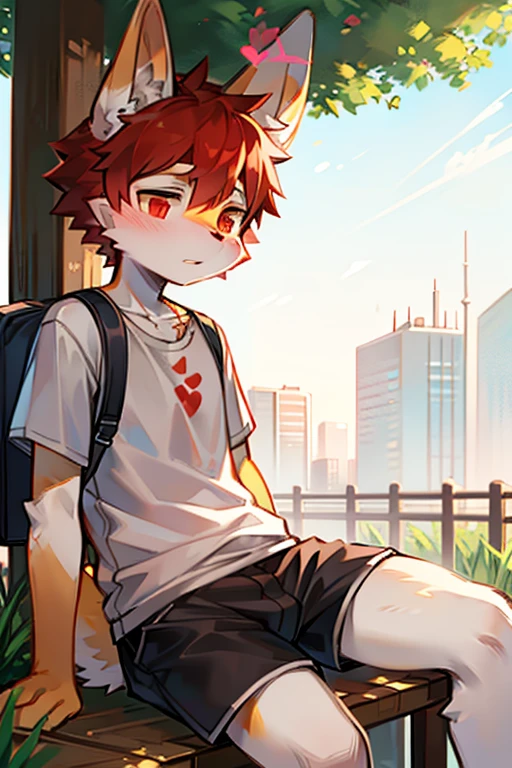 edgBunny,edgBunny族的物理特征,droopy rabbit ears,white T-shirt,outdoor,afternoon,backpacks,sit,shorts, male, anthro, furry,by milkytiger1145,Covered in white fur,Red pick dye,red eyes,adolable,resist,is shy,stop