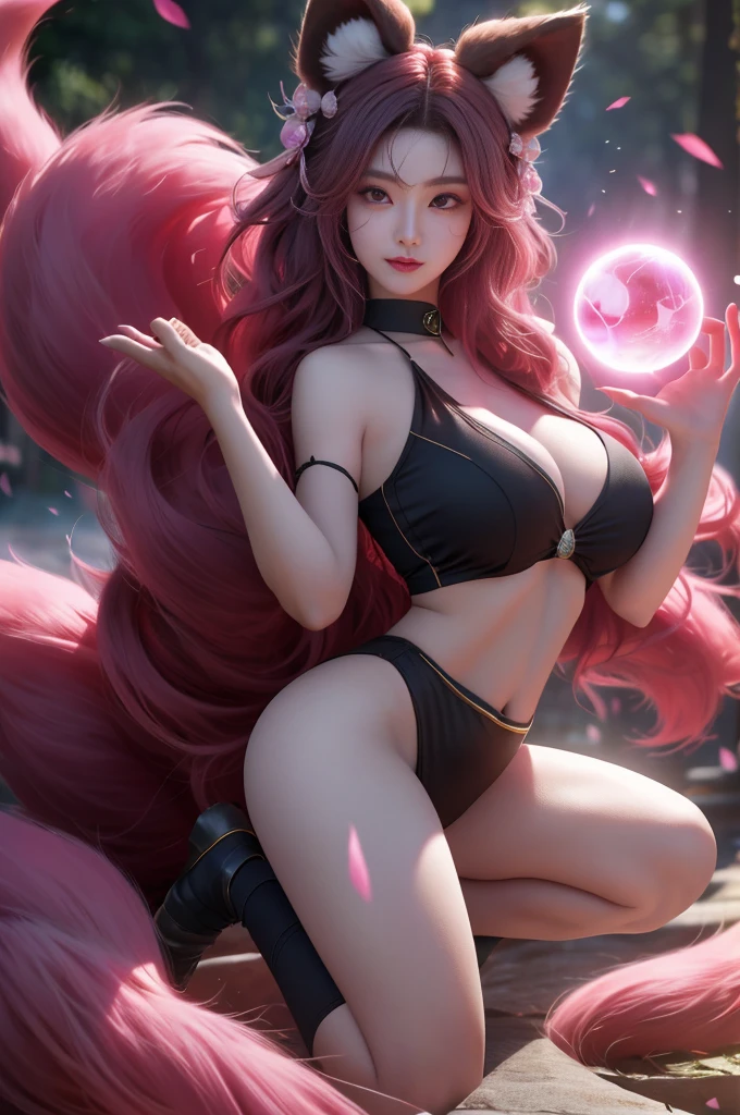 KDA Tanuki，Raised sexy，big breasts enchanting，obsessed，Gentle eyes，Nine-tails exposed，The power of energy ball in hand，Hair is fluffy and flowy，aura of power，Yilan&#39;s&#39; eyes wander in the air，Kneel on one leg，Ready to get started，Fighting posture，Battle background)，8K，Complicated details