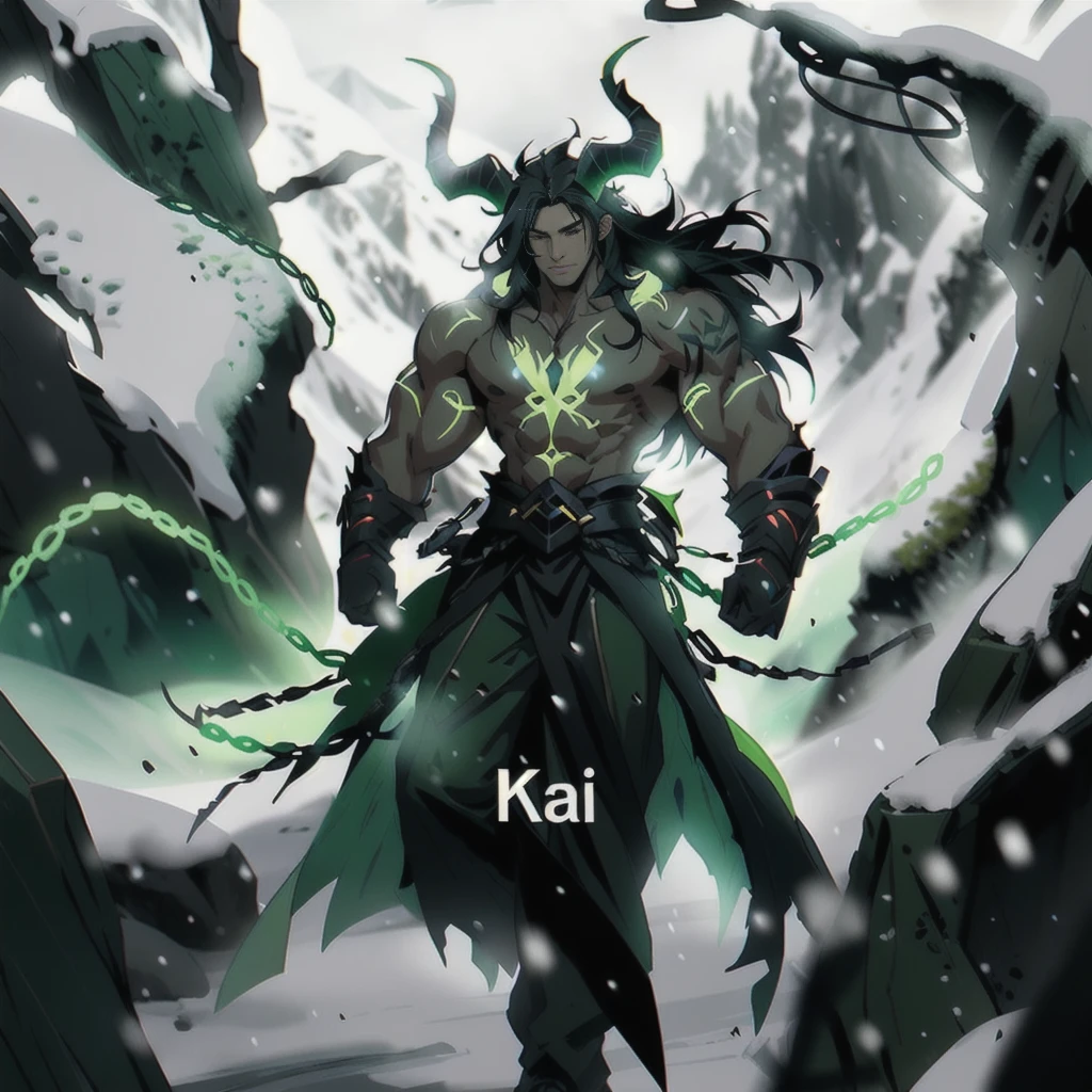 Huge buff man, green markings all over body, long flowing black hair, huge horns, snowy valley background, anime style, riot games concept art, amazing 8k character concept art, face not clearly visible, dark cold lighting, low light,bare upper body, remove text,cool