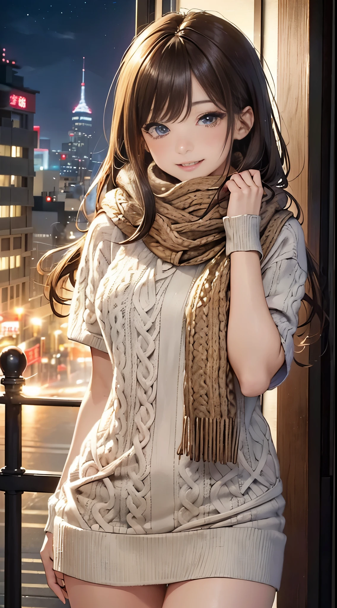 1 japanese girl,(Sweaters:1.4),(She wore a knitted scarf around her neck covering her chin:1.5), (RAW photogr, Best quality at best), (actual, 真实感:1.4),(Focus on thighs and above),Dynamic posture,Superskirt, Extremely Delicately Beautiful, The content is very detailed, 8K wall, Extremely detailed CG unification, A high resolution, gentlesoftlighting, Beautiful detailed 25 year old, Extremely detailed eyes and face, beautiful detailed nose, beautidful eyes,电影灯光,city light at night,perfect anatomia,long slim figure,Smiling (hair messy, asymmetricalbangs, Light brown hair,)