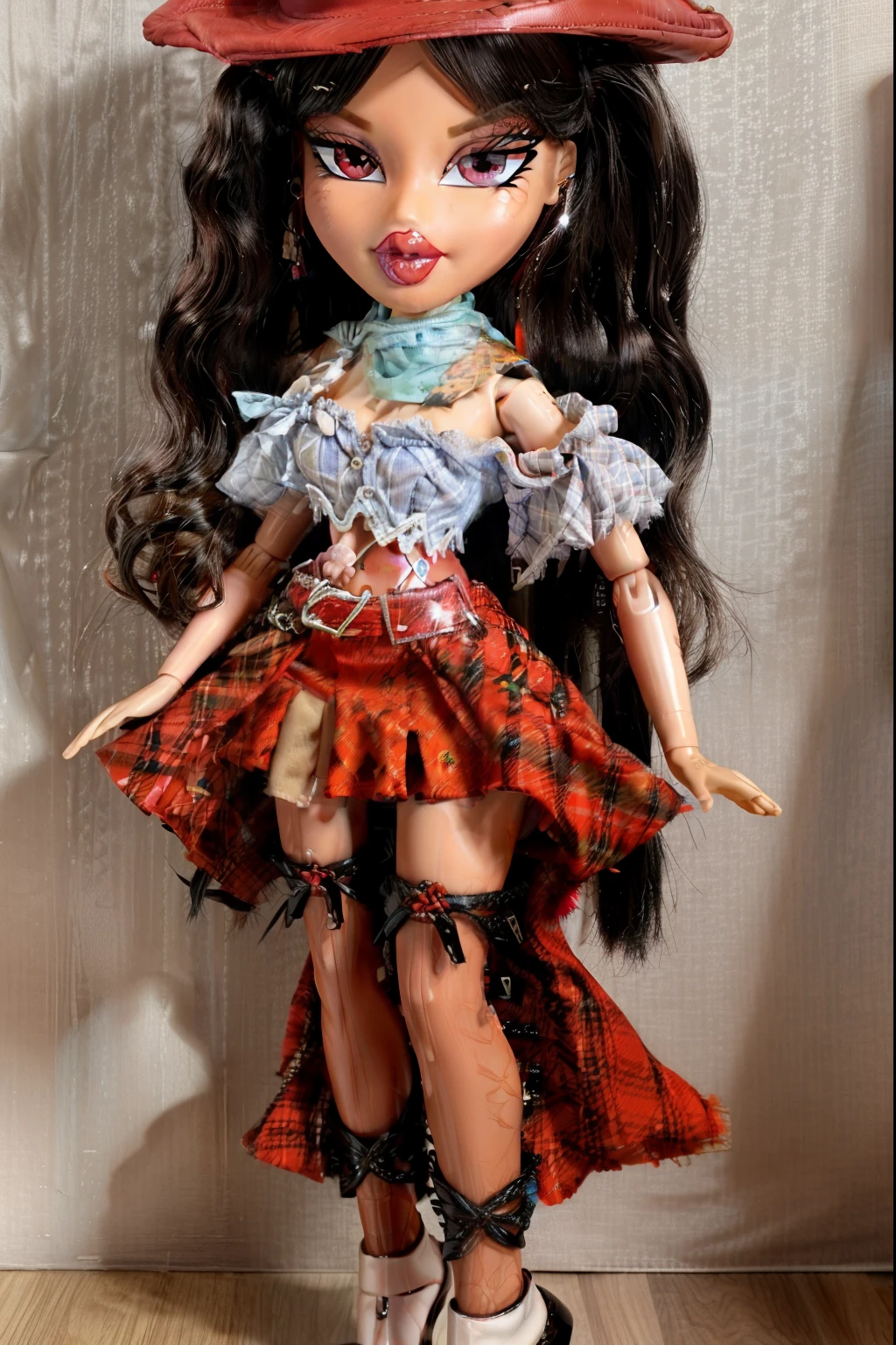 Bratz girl with detailed eyes and big lips and brown curly rococo hair, wearing plaid skirt and tied white shirt, full body , plastic skin , doll joints , ,(masterpiece, top quality, best quality, beautiful and aesthetic:1.2), doll, revealing clothes, big head, 1girl, solo, breasts, curvy, wide hips, narrow waist, joints, doll joints, cleavage, bursting breasts, huge breasts, lips, kurokoma saki, 1girl,cowboy hat,black hair,long hair,ponytail,red eyes,bandana, white scarf,multicolored clothes,bare shoulder,short sleeves,blue shirt,wings,multicolored dress, brown skirt,plaid skirt,overskirt,horse tail, midriff, full body, high heels, thighhighs, long legs, gyaru