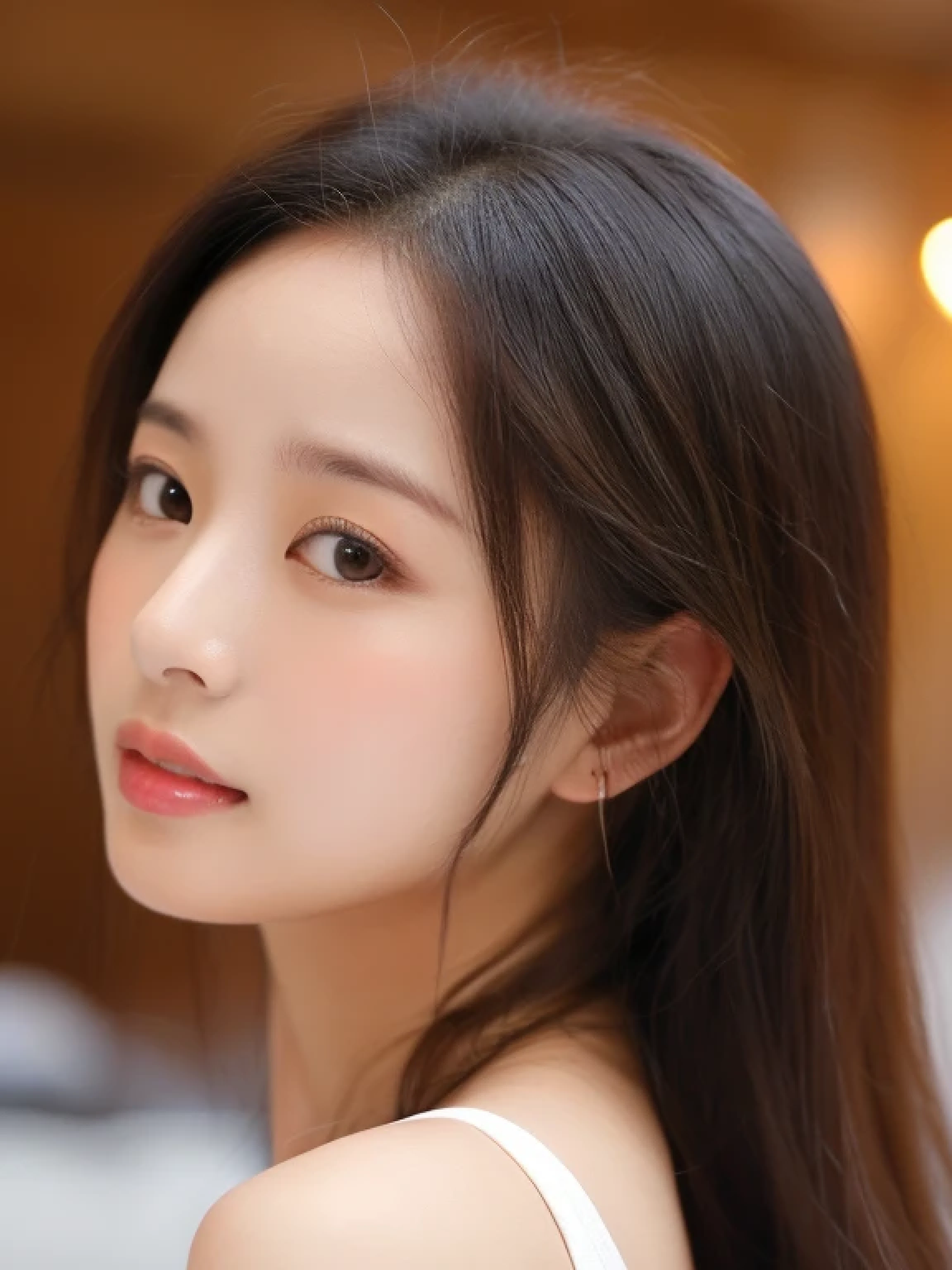 ((cute little日本の女の子、Beautiful japanese girl、1 girl in、age19、poneyTail、Highly detailed facial and skin texture、refinement、hyperdetailed face、ultradetailed eyes、blusher、blush、teak、ピンクのteakを塗った頬、close-up of woman、bustup、真frontageを向いている顔、真frontageを向いている体、Looking at the camera、frontage、cute little、smooth white skin、Transparent skin texture、))、(dark brown hair、bangss)、Beautiful Women in Perfect Style:1.4、Japanese Models、Young gravure idols、若いcute littleグラビアアイドル、Realistic Young Gravure Idol、refinementされたグラビアアイドル、((top-quality、in 8K、masterpiece:1.3、1Photo))、(4K、RAW Photography、top-quality)、(reallistic、フォトreallistic:1.37)、Place a person on the other side of the screen、natural soft light、upper body and head、refinement、