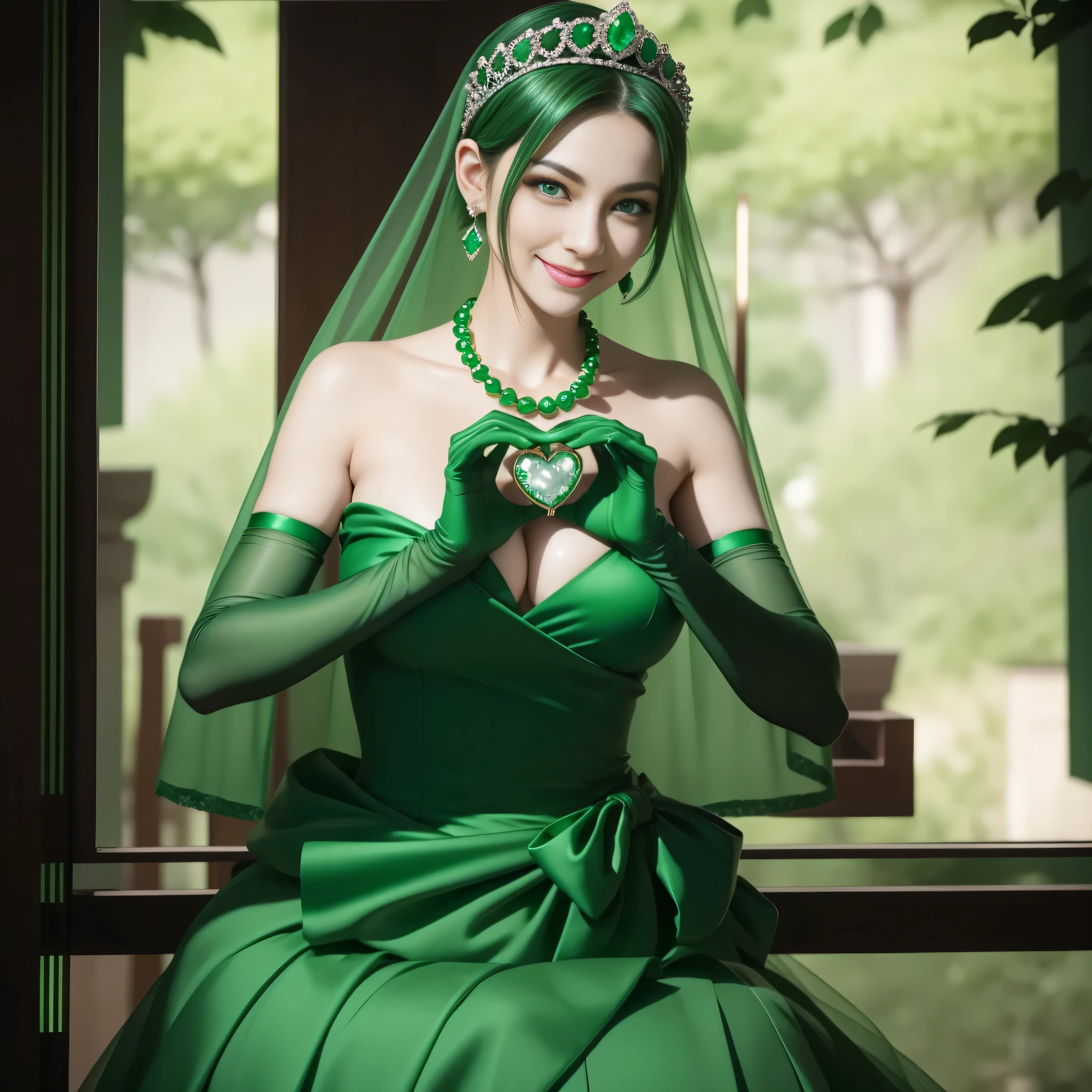 emerald tiara, Green Pearl Necklace, Boyish very short green hair, lipsticks, Japan woman smiling, very short short hair, big breasts beautiful, Green eyes, Long green gloves made of satin material, Green eyes, Emerald Earrings, green vale, 両Heart in the hand, Heart in the hand