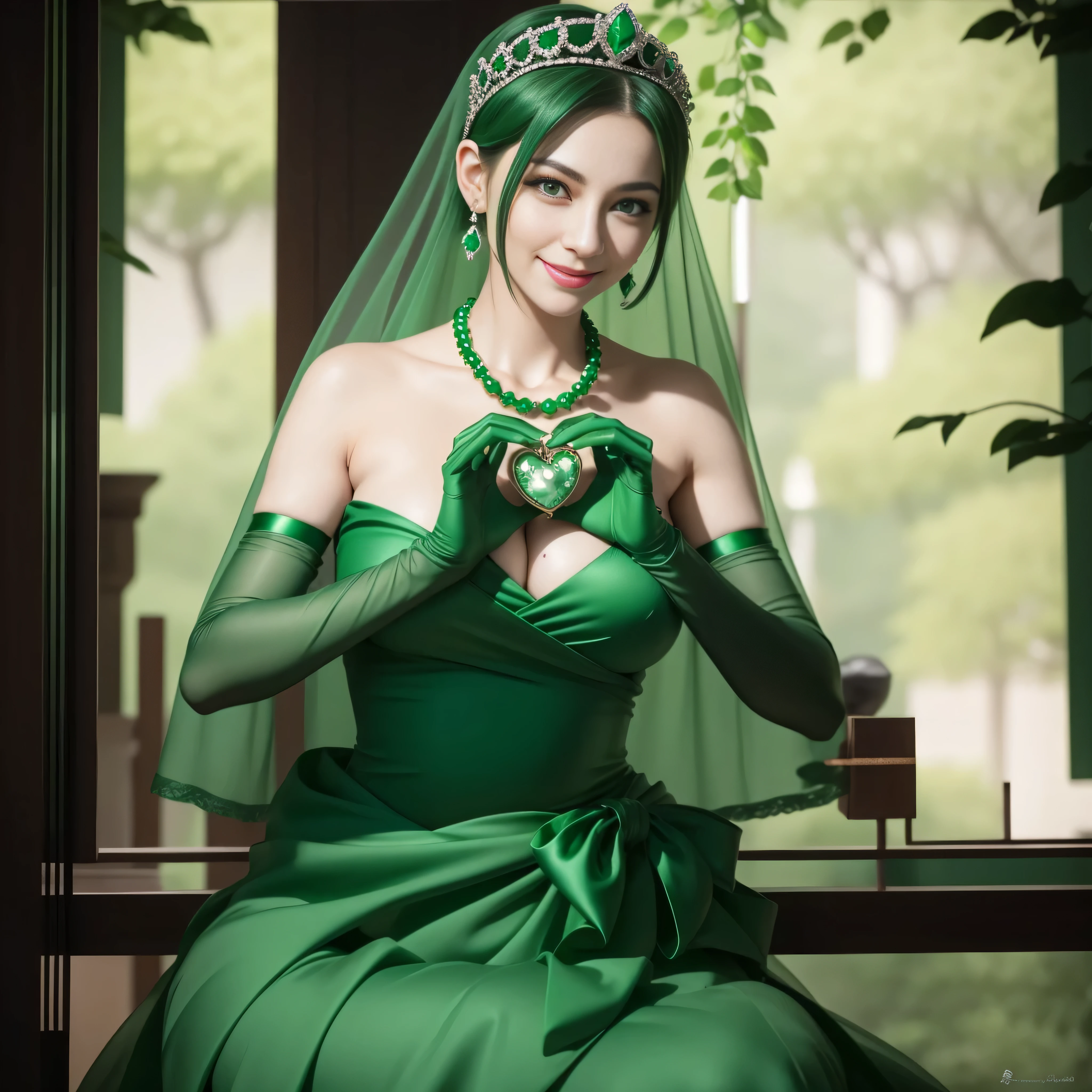 emerald tiara, Green Pearl Necklace, Boyish very short green hair, lipsticks, Japan woman smiling, very short short hair, big breasts beautiful, Green eyes, Long green gloves made of satin material, Green eyes, Emerald Earrings, green vale, Heart with both hands, Pregnant Woman