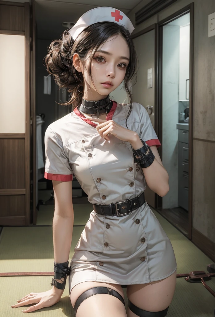 (Detailed illustrations,Very detailed and detailed drawing,Delicate lines with slow and rapid,Realistic texture expression),[Color tressed main line],Inorganic concrete room[Night Hospital],(Japan adult female[28 year old](Zombie Nurse))Hair put together [SKINNY((Small breasts))][pale skin](sickly look),[[bandaged]Bondage Fashion],[Return blood],(Fine and beautiful skin expression [Transparency]),[Meticulously drawn hair],(完璧な手のdetaileds [Beautiful fingers without breakdowns [Beautiful nails]]),(Perfect Anatomy(Perfectly proportioned))[[Full body like]],[Ideal color coordination(Accurate simulation of light-material interactions)],([Precision Detail](detaileds,high-detail)),[[Pale and gentle colors]][Visual art that conveys a sense of narrative] [[Eros in the Natural Body]].