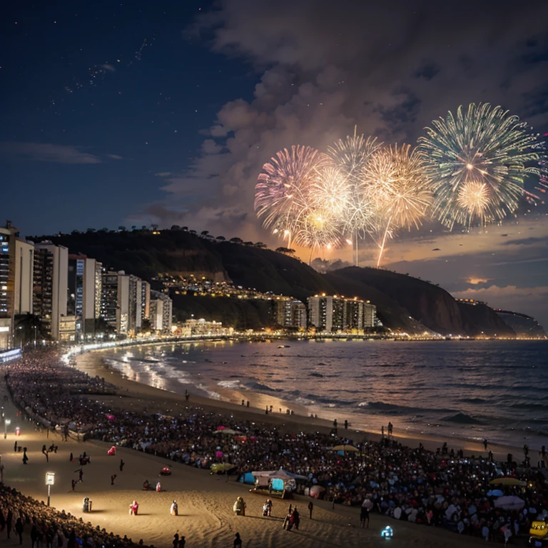 Panoramic view of Copacabana beach full of people gathered to celebrate New Year&#39;s Eve, apresentando shows ao vivo, Luzes, e a energia contagiante da festa
