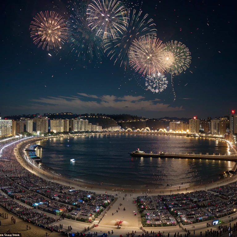 Panoramic view of Copacabana beach full of people gathered to celebrate New Year&#39;s Eve, apresentando shows ao vivo, Luzes, e a energia contagiante da festa