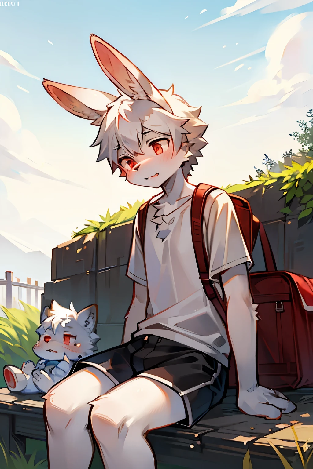 edgBunny,edgBunny族的物理特征,droopy rabbit ears,white T-shirt,outdoor,afternoon,backpacks,sit,shorts, male, anthro, furry,by milkytiger1145,Covered in white fur,Red pick dye,red eyes,adolable,resist,is shy,stop