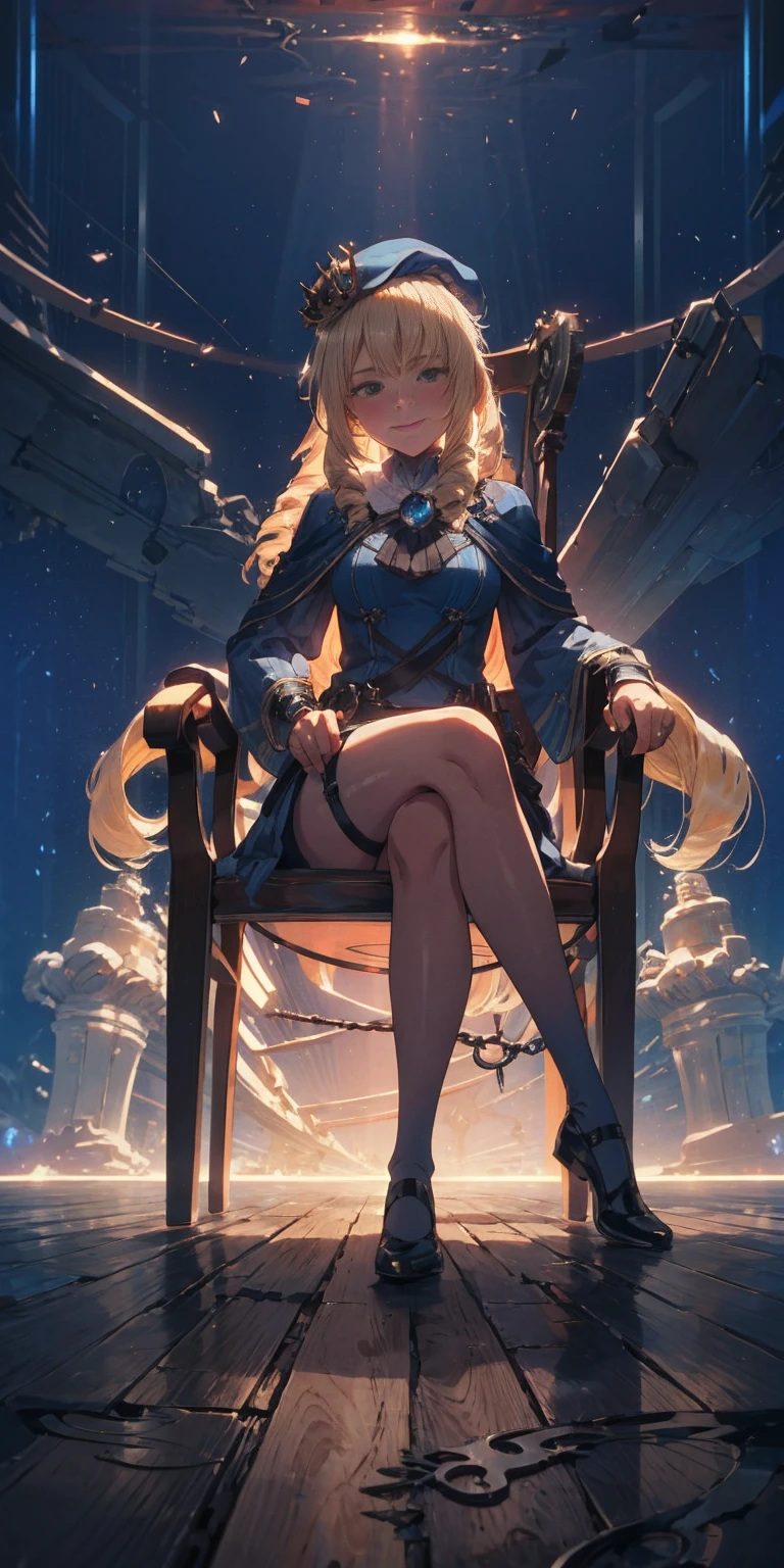 (4k, Prominence in Masterpiece, High Quality, Best Quality: 1.2) full body, 1 child female, solo, 1 girl, lustful smirking smile blush, looking at viewer, sitting on chair with legs crossed, big black thighs stocking, big breasts (cover with blue) ((SFW)), hands on hips, wide hips, blonde long hair, blonde drill hair, blonde twin drills hair, blue wizard hat, Handcuffs on their hands, With a collar around the neck