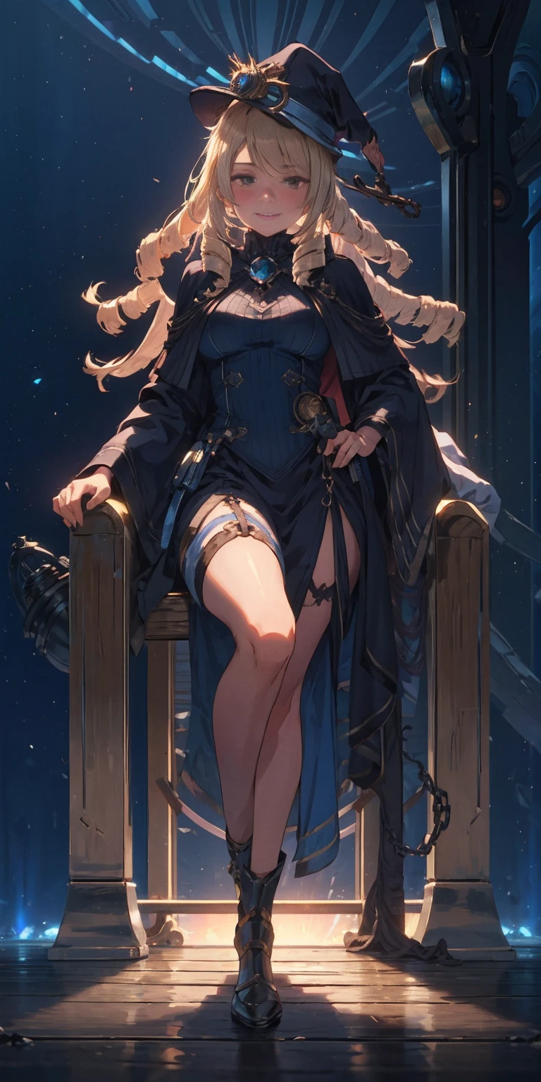 (4k, Prominence in Masterpiece, High Quality, Best Quality: 1.2) full body, 1 child female, solo, 1 girl, lustful smirking smile blush, looking at viewer, sitting on chair with legs crossed, big black thighs stocking, big breasts (cover with blue) ((SFW)), hands on hips, wide hips, blonde long hair, blonde drill hair, blonde twin drills hair, blue wizard hat, Handcuffs on their hands, With a collar around the neck