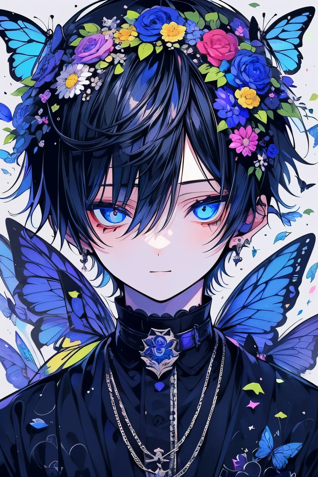 (masutepiece), (Best Quality), Highly detailed, Two Boys, Solo Focus,Perfect face, Beautiful face, extra detailed face,(Black-haired boy:1.3),(blue eyess:1.3),florals,butterflys々,floralsびら,optic,a smile