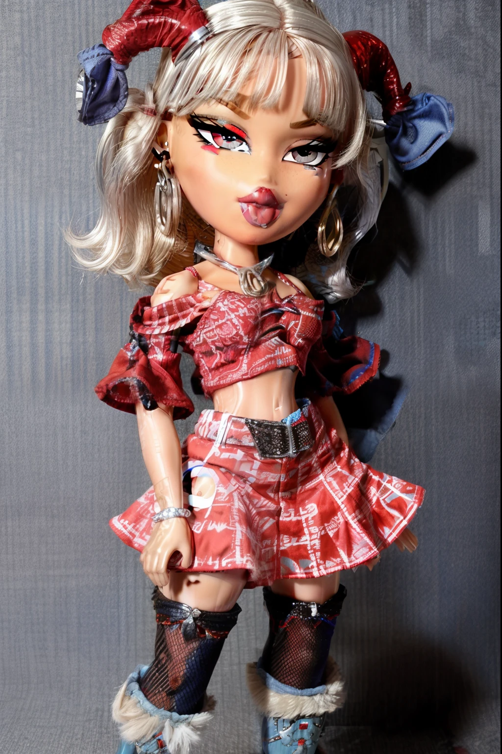 Bratz girl with detailed eyes and big lips and brown curly rococo hair, wearing plaid skirt and tied white shirt, full body , plastic skin , doll joints , ,(masterpiece, top quality, best quality, beautiful and aesthetic:1.2), doll, revealing clothes, big head, 1girl, solo, breasts, curvy, wide hips, narrow waist, joints, doll joints, cleavage, bursting breasts, huge breasts, lips, 1girl, toutetsu yuuma,white hair,short hair,curly hair,sheep horns, horn ribbon, pointy ears, earrings, sharp teeth, red eyes, jewelry, patterned clothing,red sleeves, detached sleeves, bare shoulders,blue vest,blue skirt, midriff, full body, high heels, thighhighs, long legs, gyaru